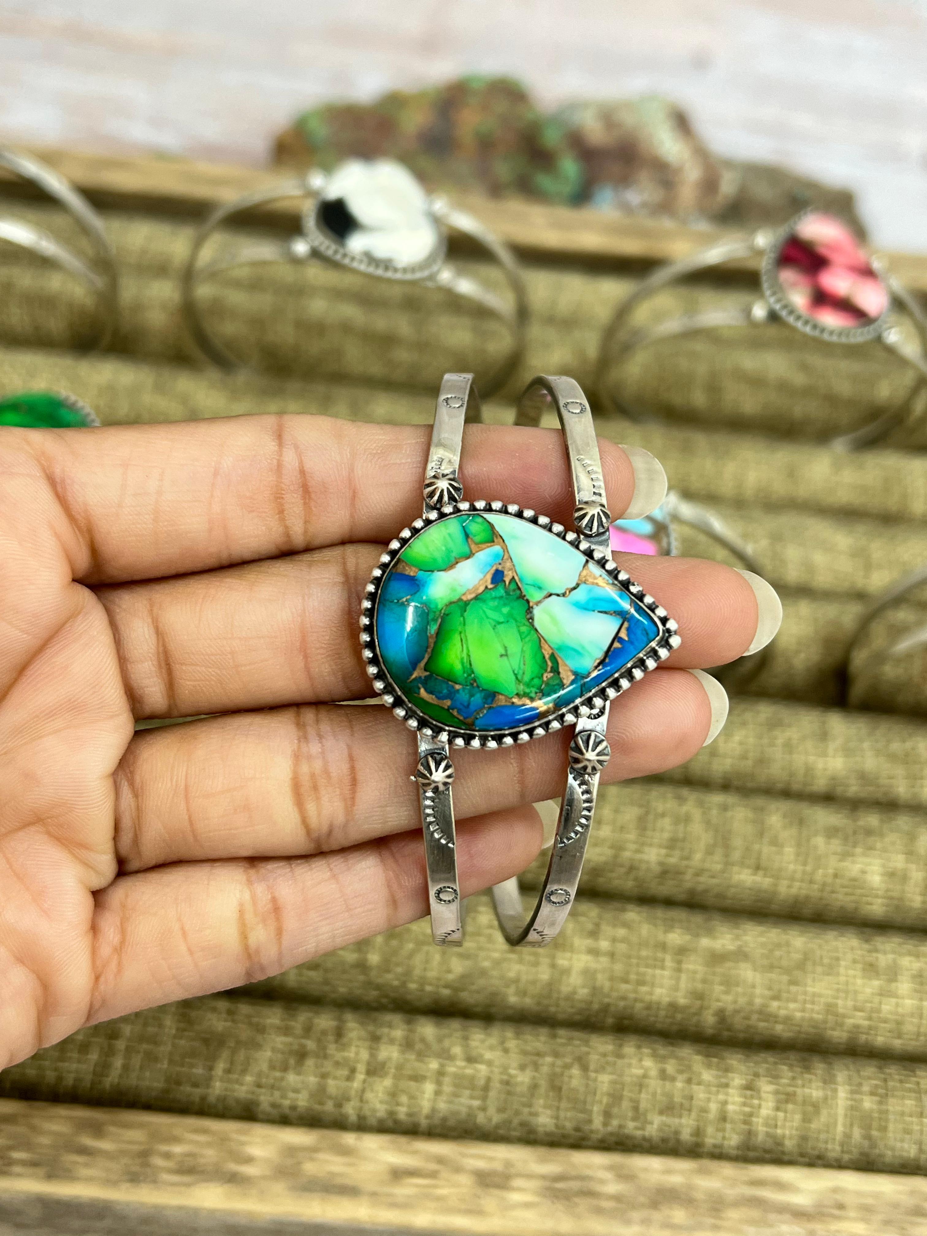 Handmade Sterling Silver Multi Stone Cuff Bracelet with Signed Nizhoni