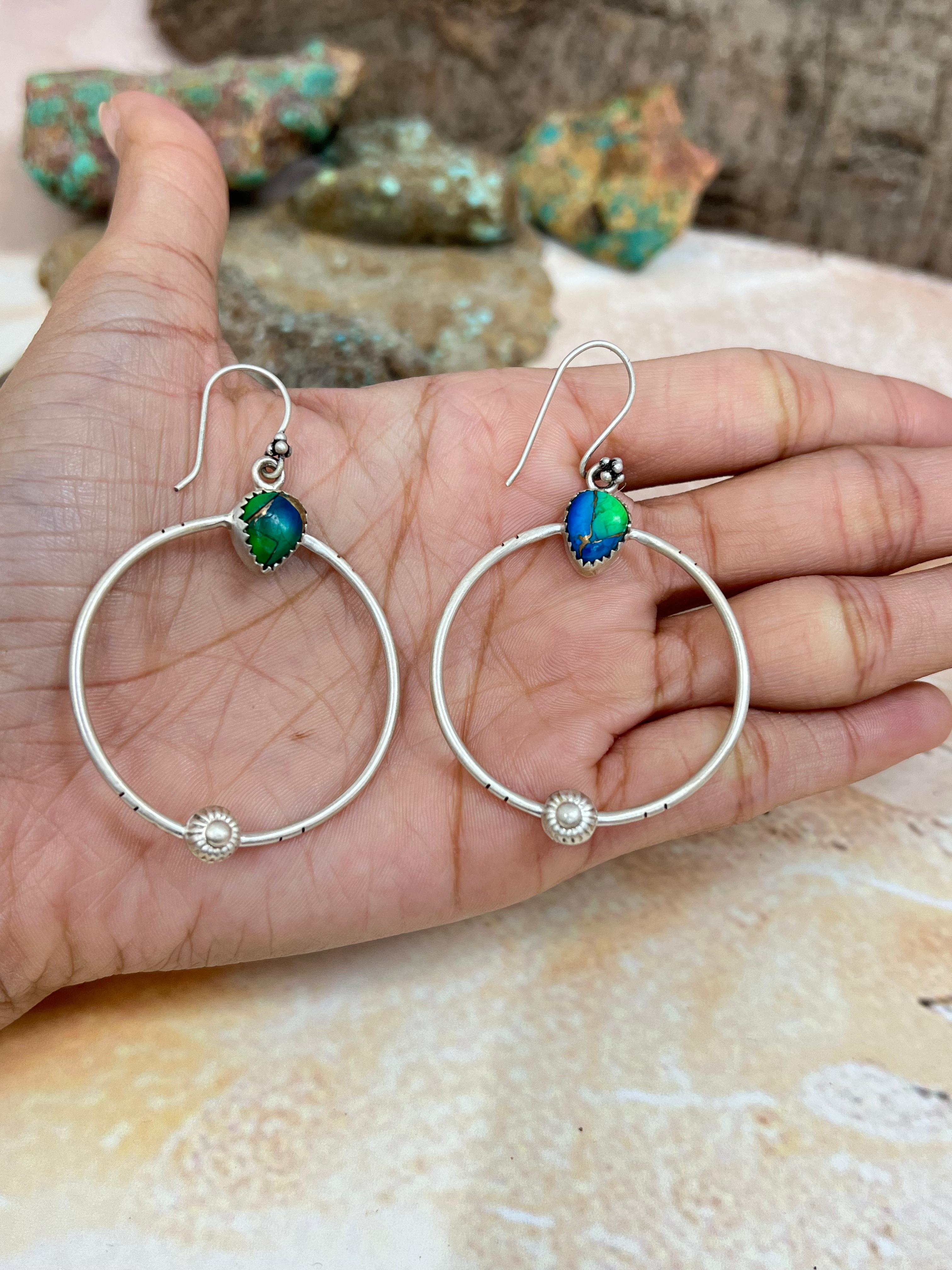 Handmade Sterling Silver Peacock Dahlia, Cotton Candy Turquoise Hook Earrings with Signed Nizhoni