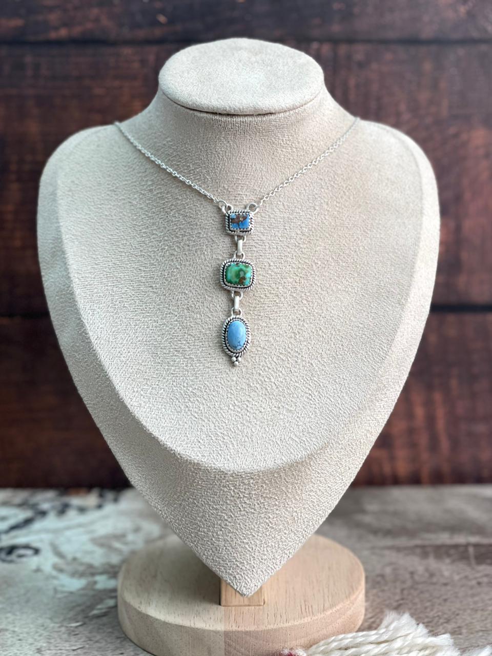 Handmade Sterling Silver Sonoran Mountain Turquoise with Golden Hills Turquoise Necklace "Signed Nizhoni"