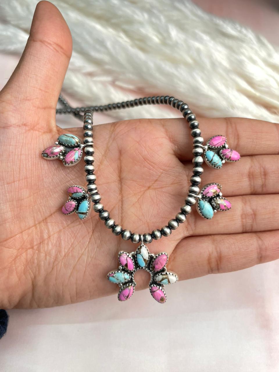 Handmade Sterling Silver Cotton Candy Beaded Necklace "Signed Nizhoni"