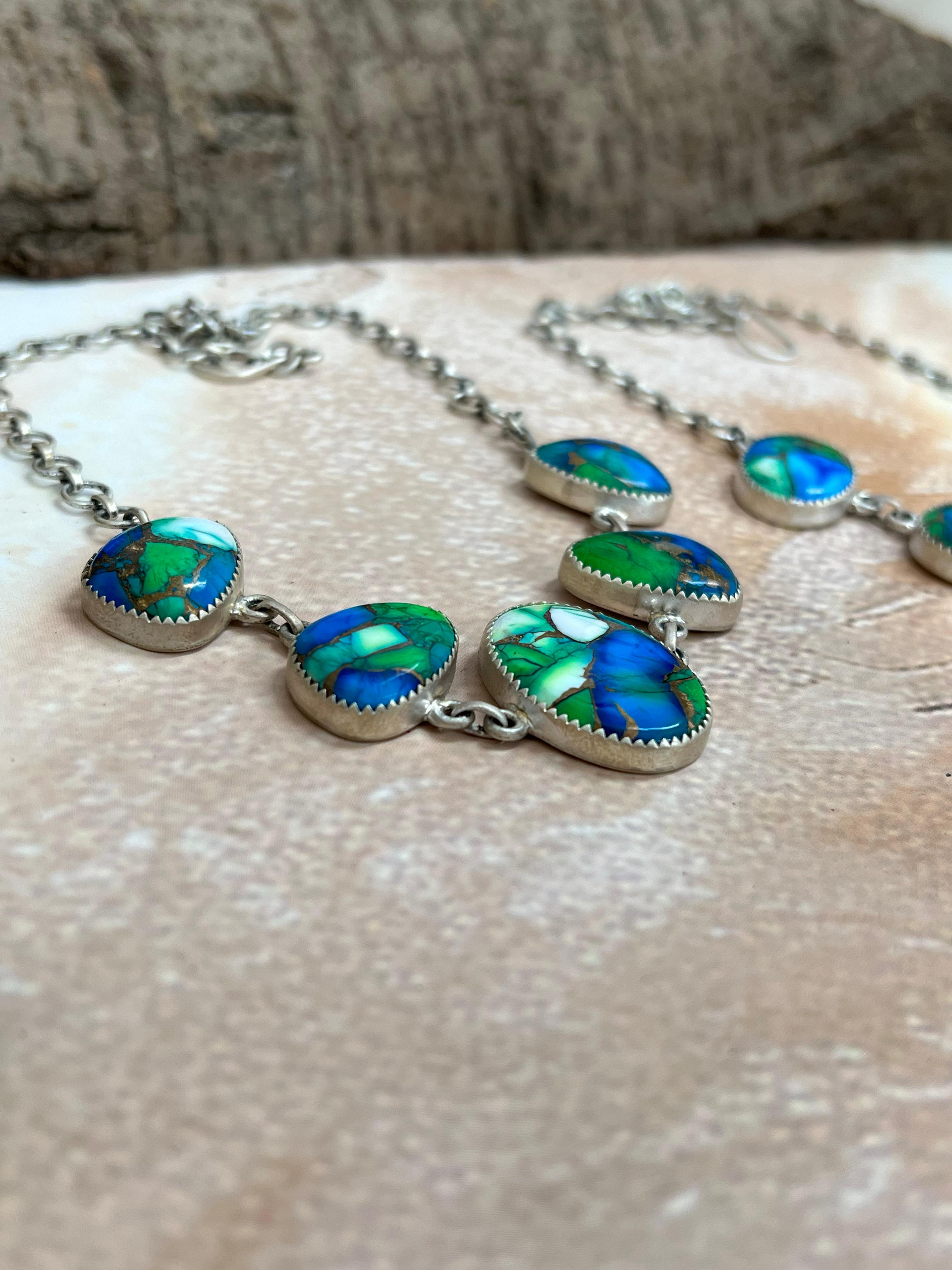 Handmade Sterling Silver Peacock Dahlia Necklace with Signed Nizhoni