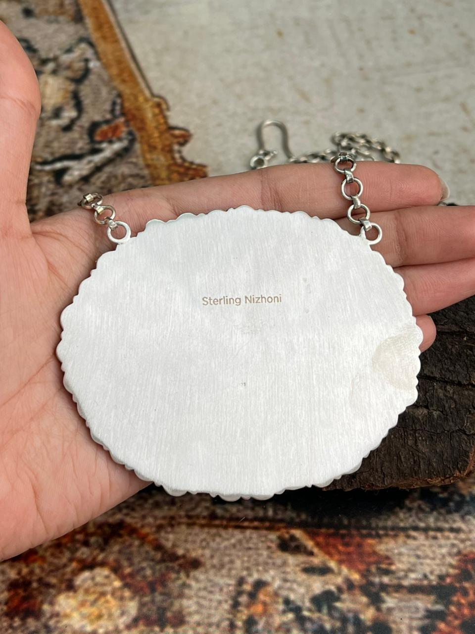 Handmade Sterling Silver Dahlia Rose with Emerald Valley Turquoise Necklace "Signed Nizhoni"