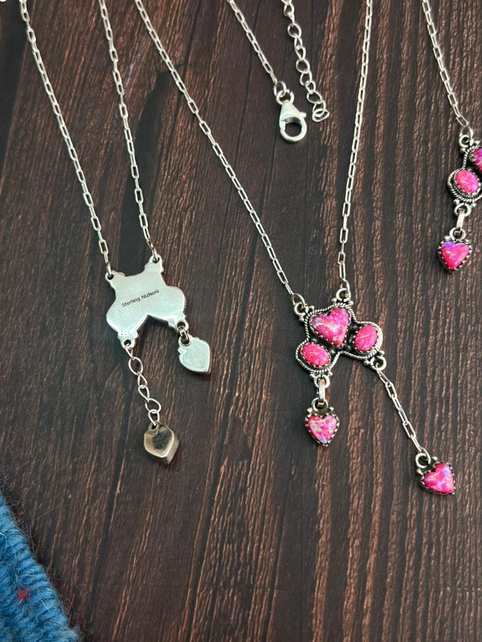 "Heart Collection" Handmade Sterling Silver Hot Pink Necklace "Signed Nizhoni"