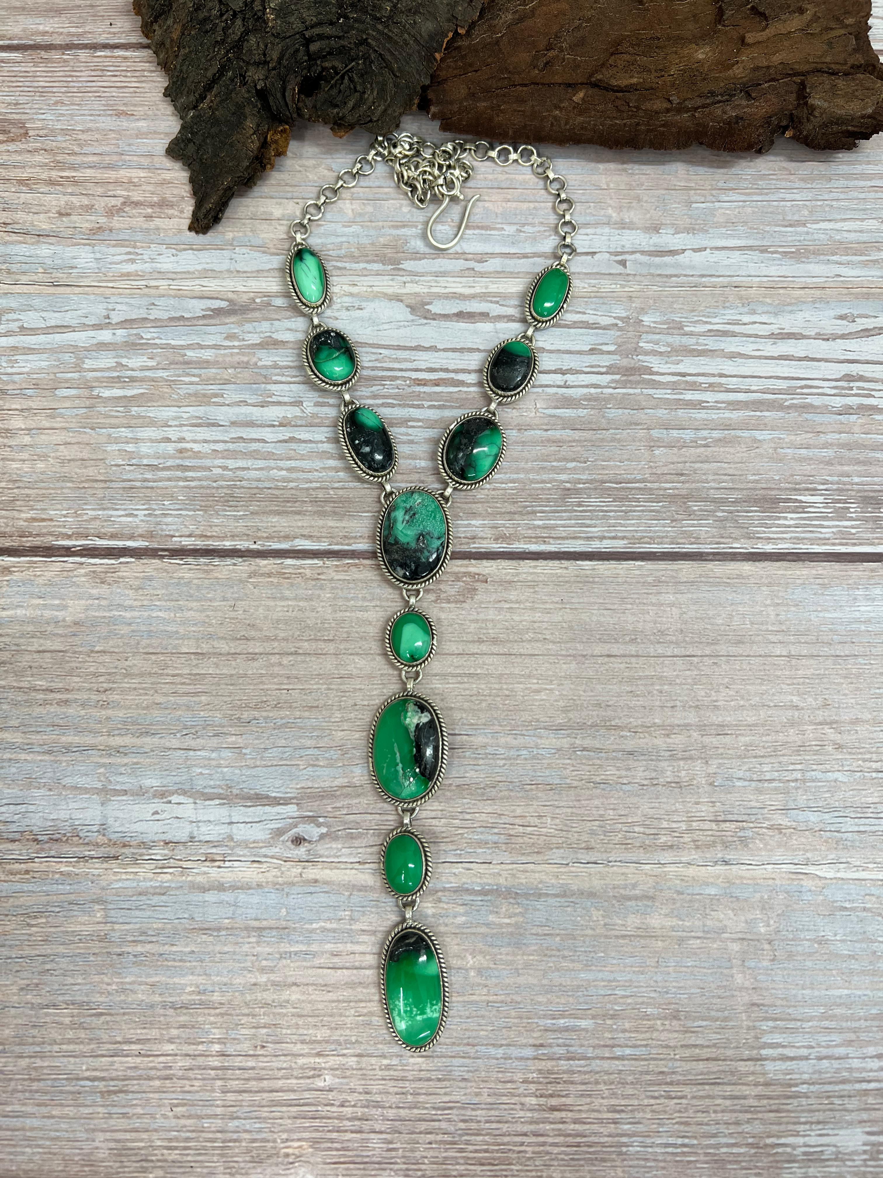 Handmade Sterling Silver Emerald Rose Necklace with Signed Nizhoni