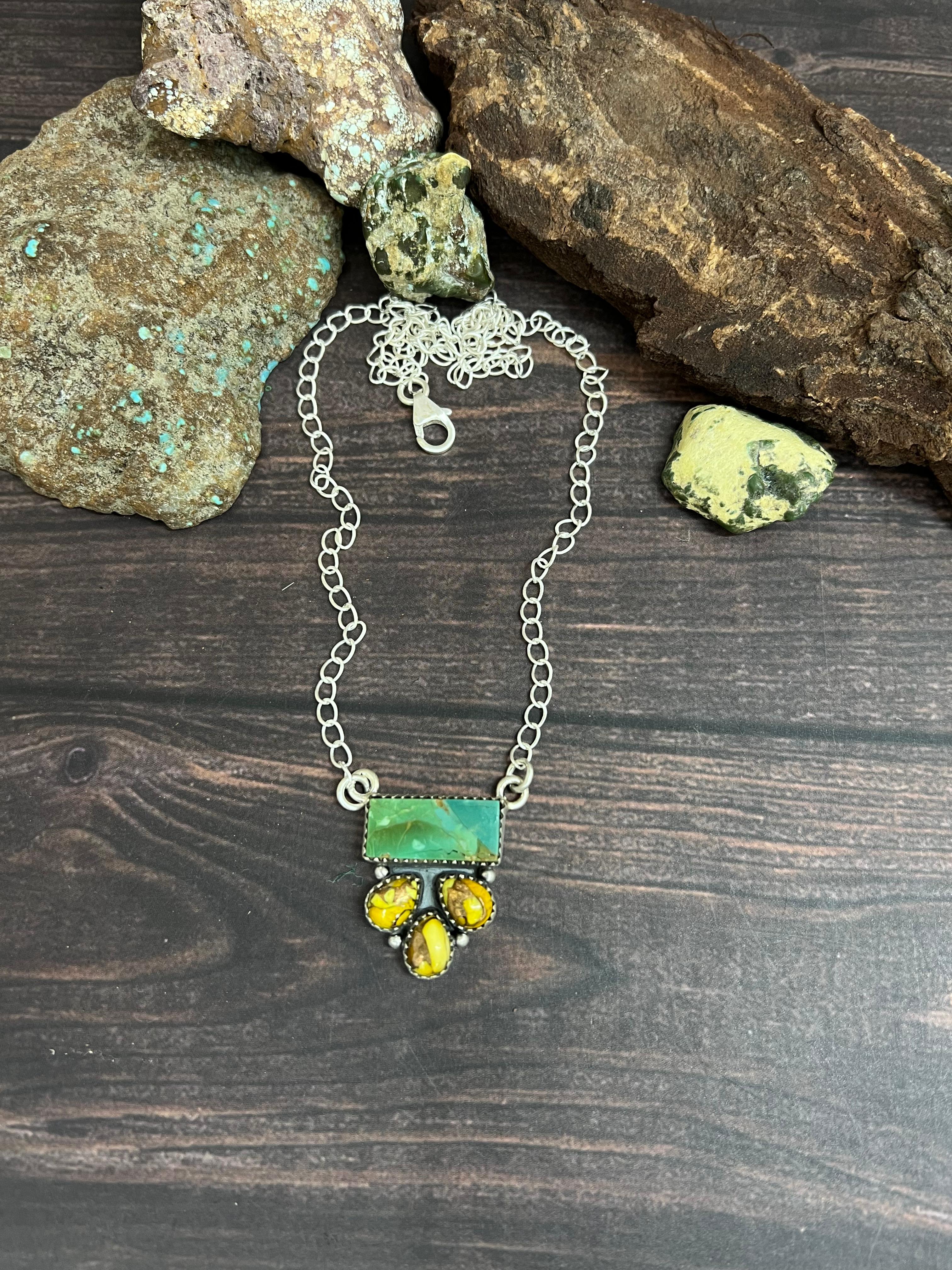 Handmade Sterling Silver Kingman with Honey Dahlia Necklace with Signed Nizhoni