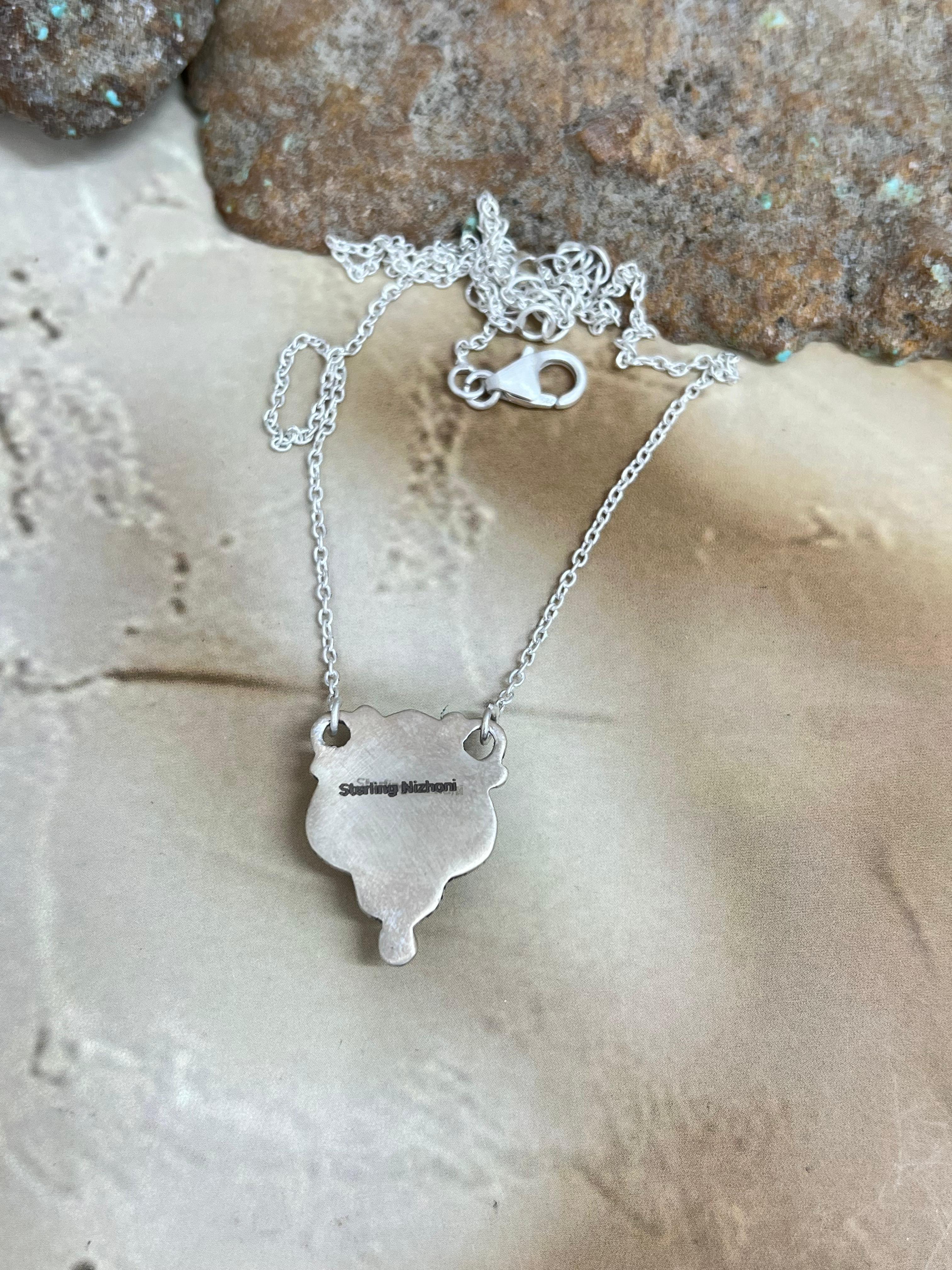 Handmade Sterling Silver Kingman Turquoise Spade Necklace with Signed Nizhoni