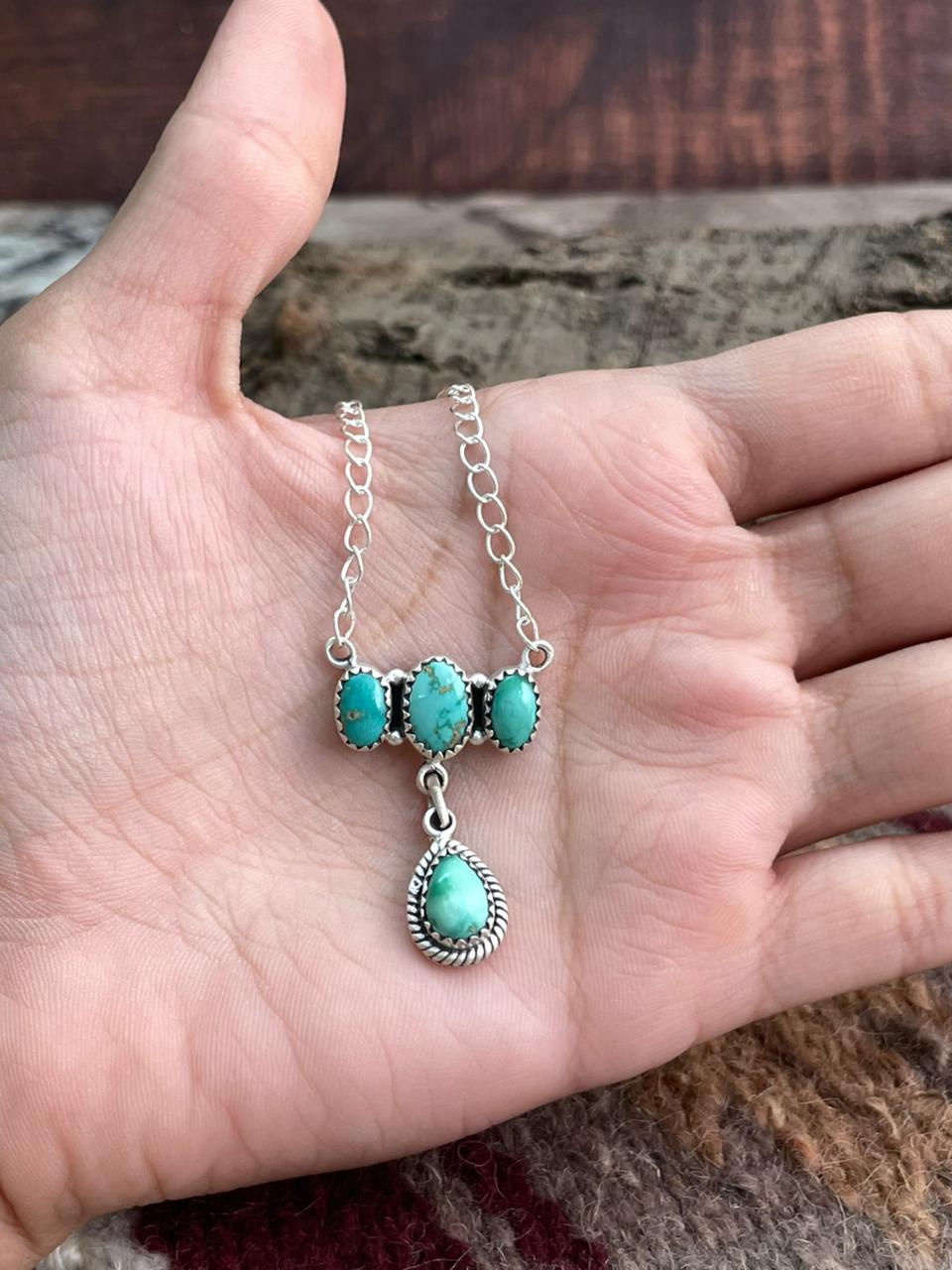 Handmade Sterling Silver Emerald Valley Turquoise Necklace "Signed Nizhoni"