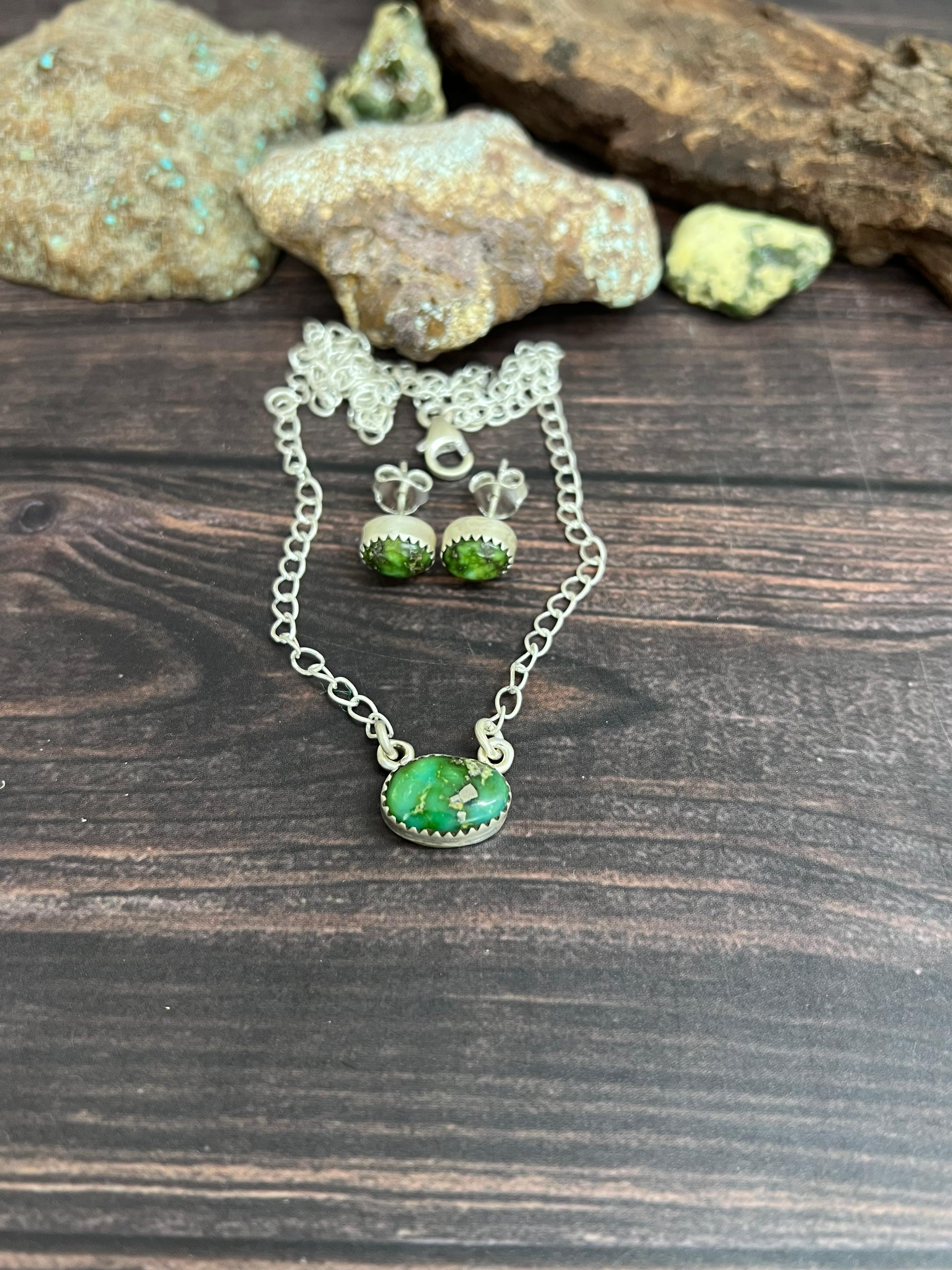 Handmade Sterling Silver Sonoran Mountain Turquoise Necklace Earrings Set with Signed Nizhoni