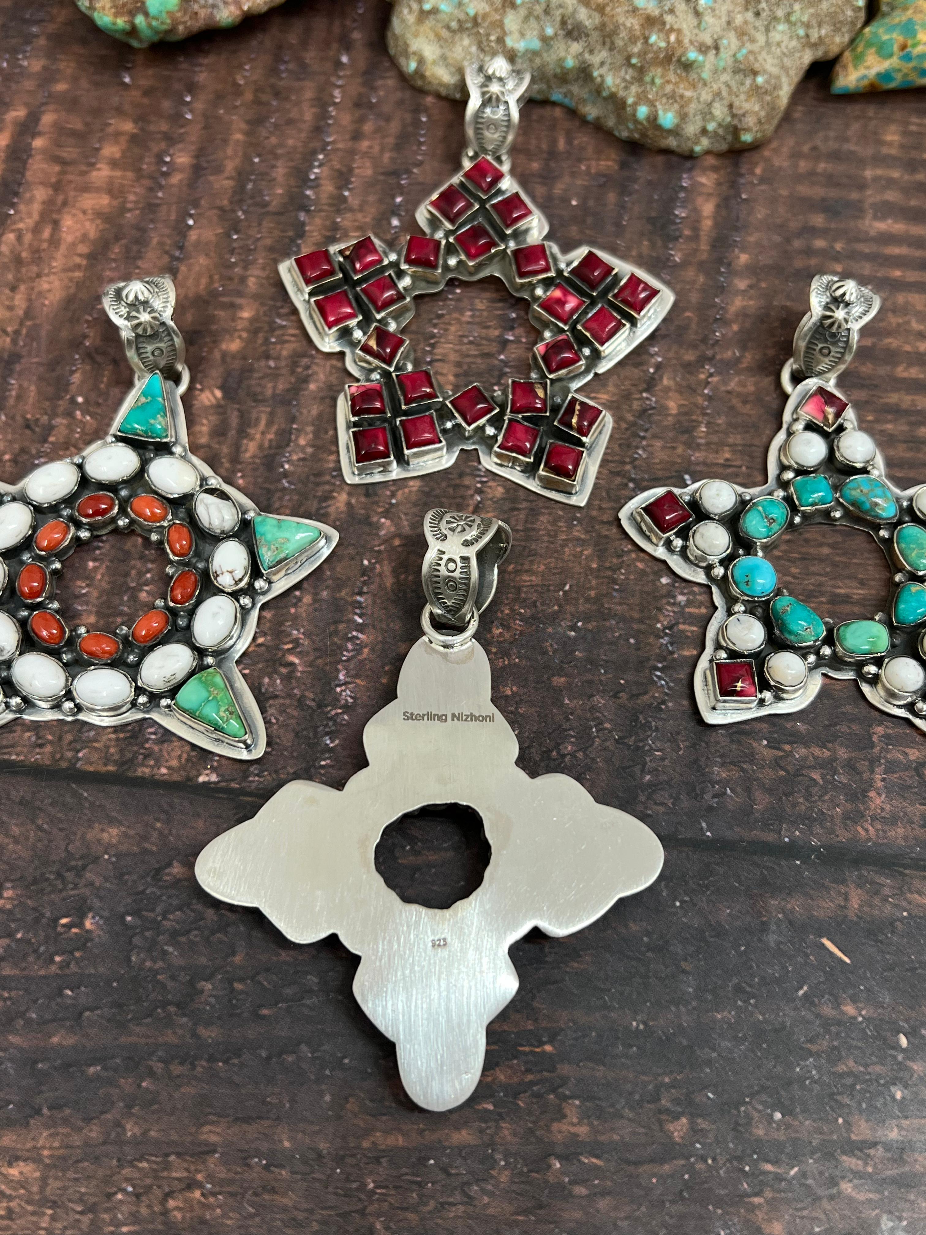 Handmade Sterling Silver Multi Stones Pendant, Signed Nizhoni