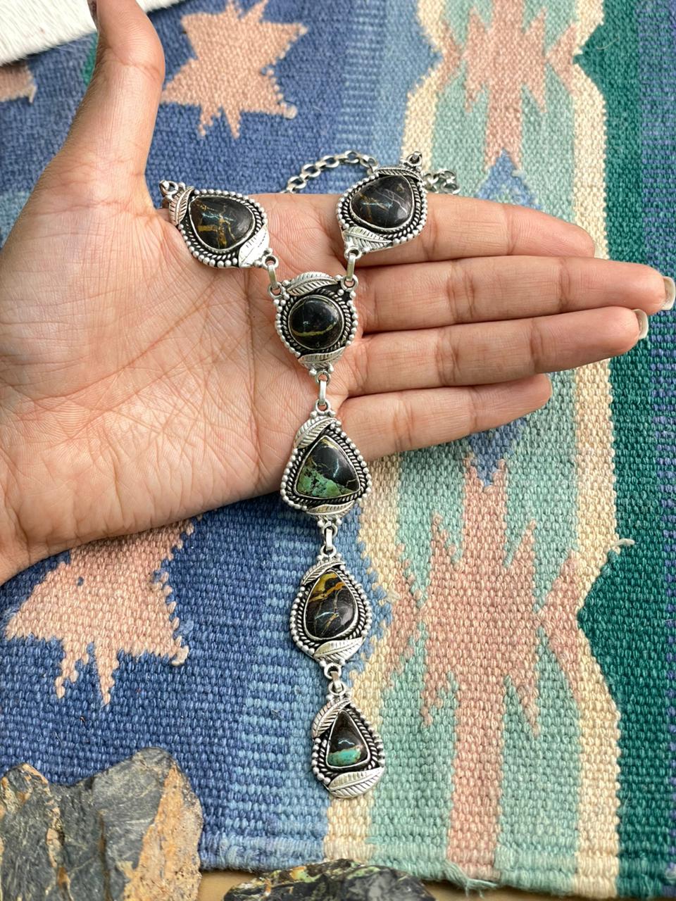 Handmade Sterling Silver Blackjack Turquoise Necklace "Signed Nizhoni"