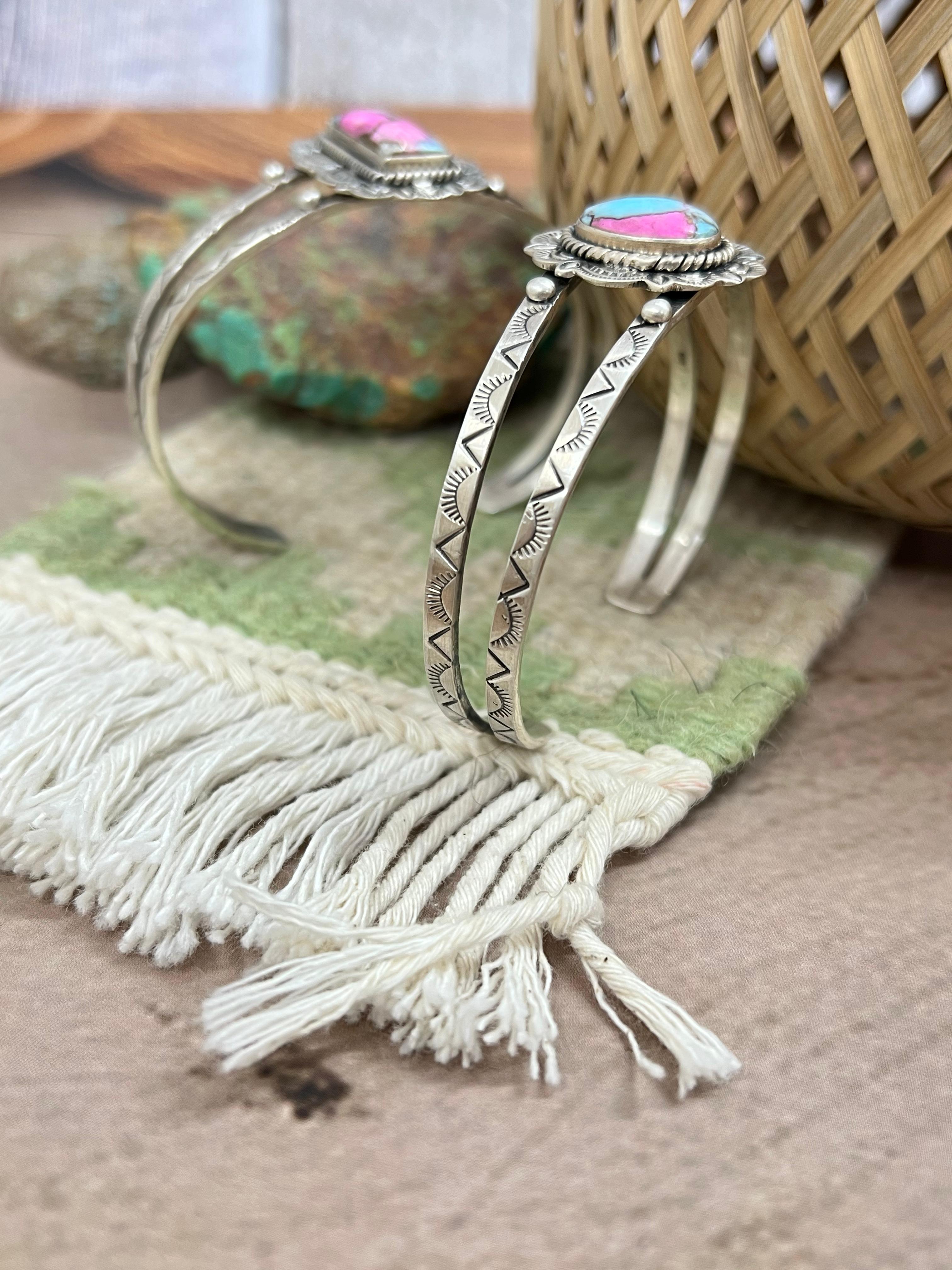 Handmade Sterling Silver Cotton Candy Turquoise Cuff Bracelet with Signed Nizhoni