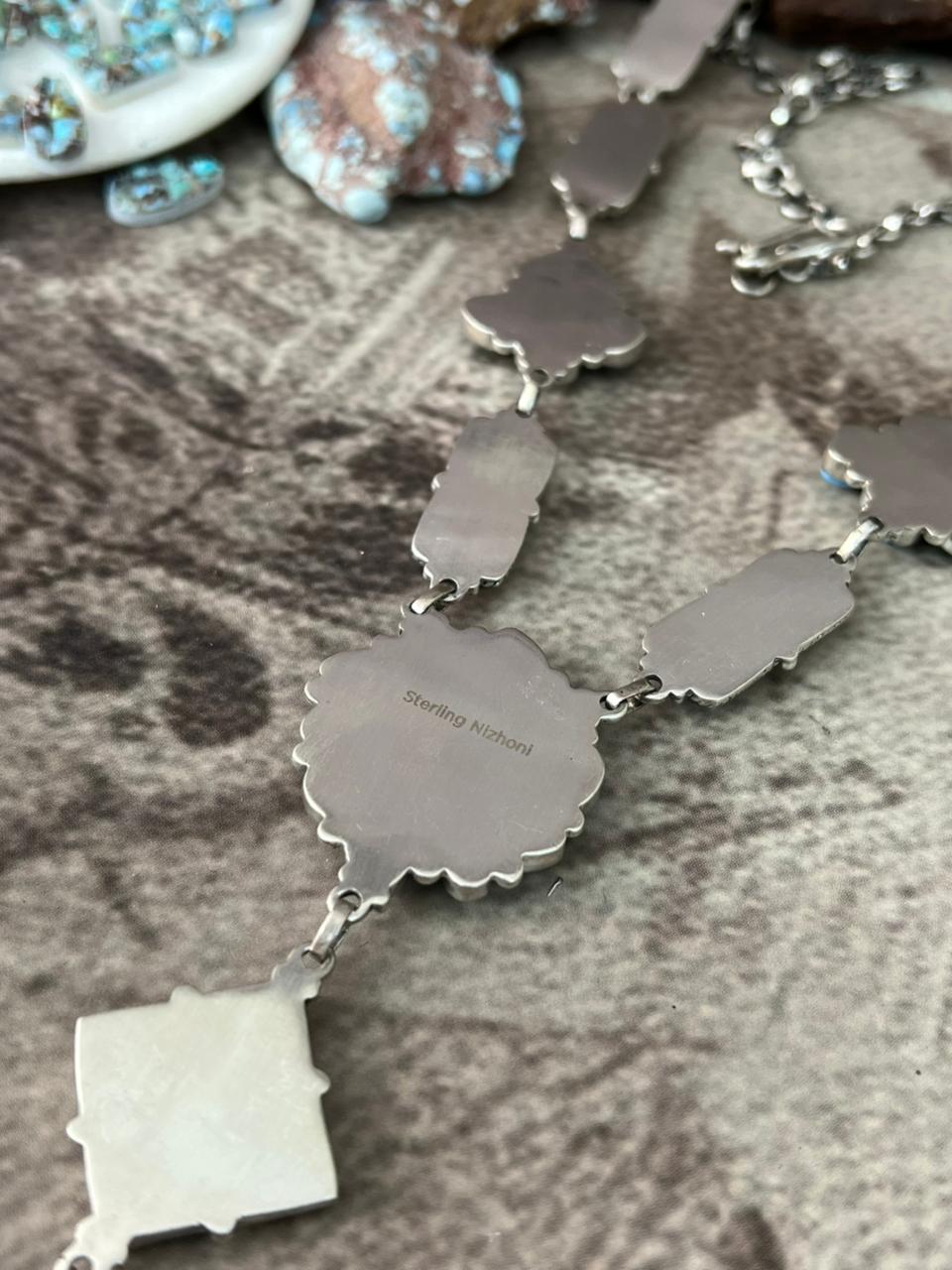 Handmade Sterling Silver 'Golden Hills Turquoise Cobble Collection' Necklace "Signed Nizhoni"