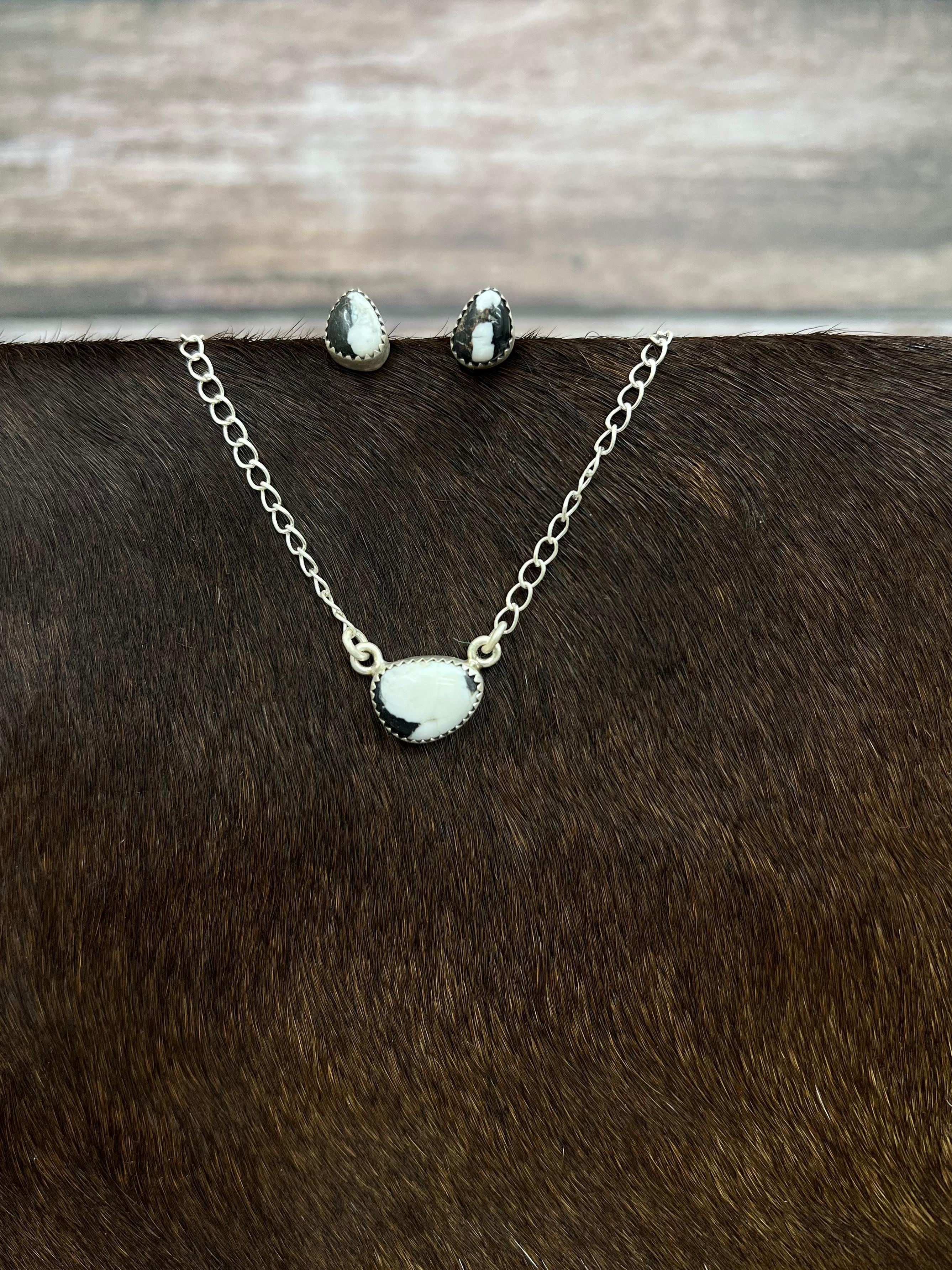 Handmade Sterling Silver White Buffalo Necklace & Earrings Set Signed Nizhoni