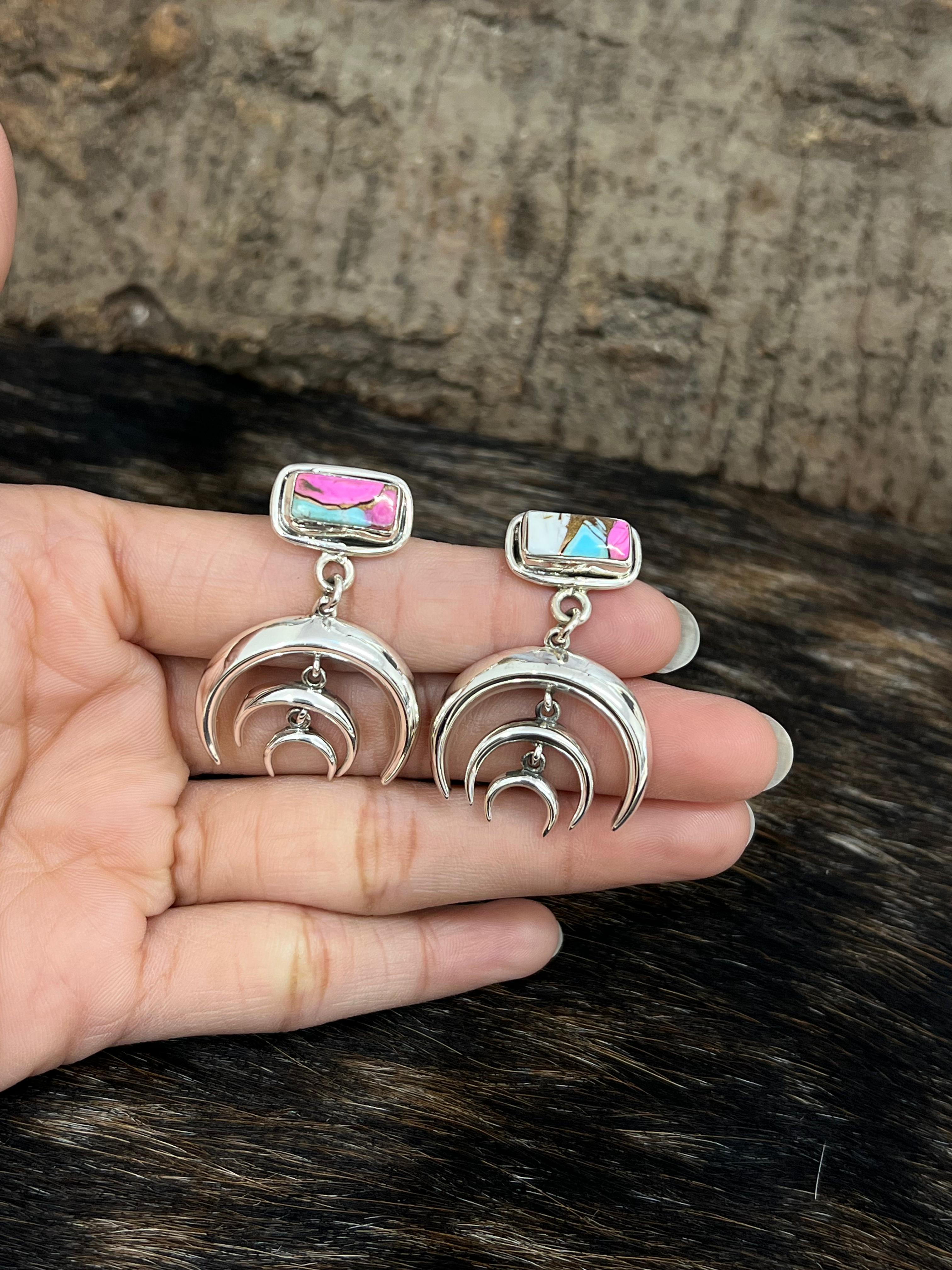 Handmade Sterling Silver Peacock Dahlia, Cotton Candy, Dahlia Rose Moon Shape Earrings, Signed Nizhoni