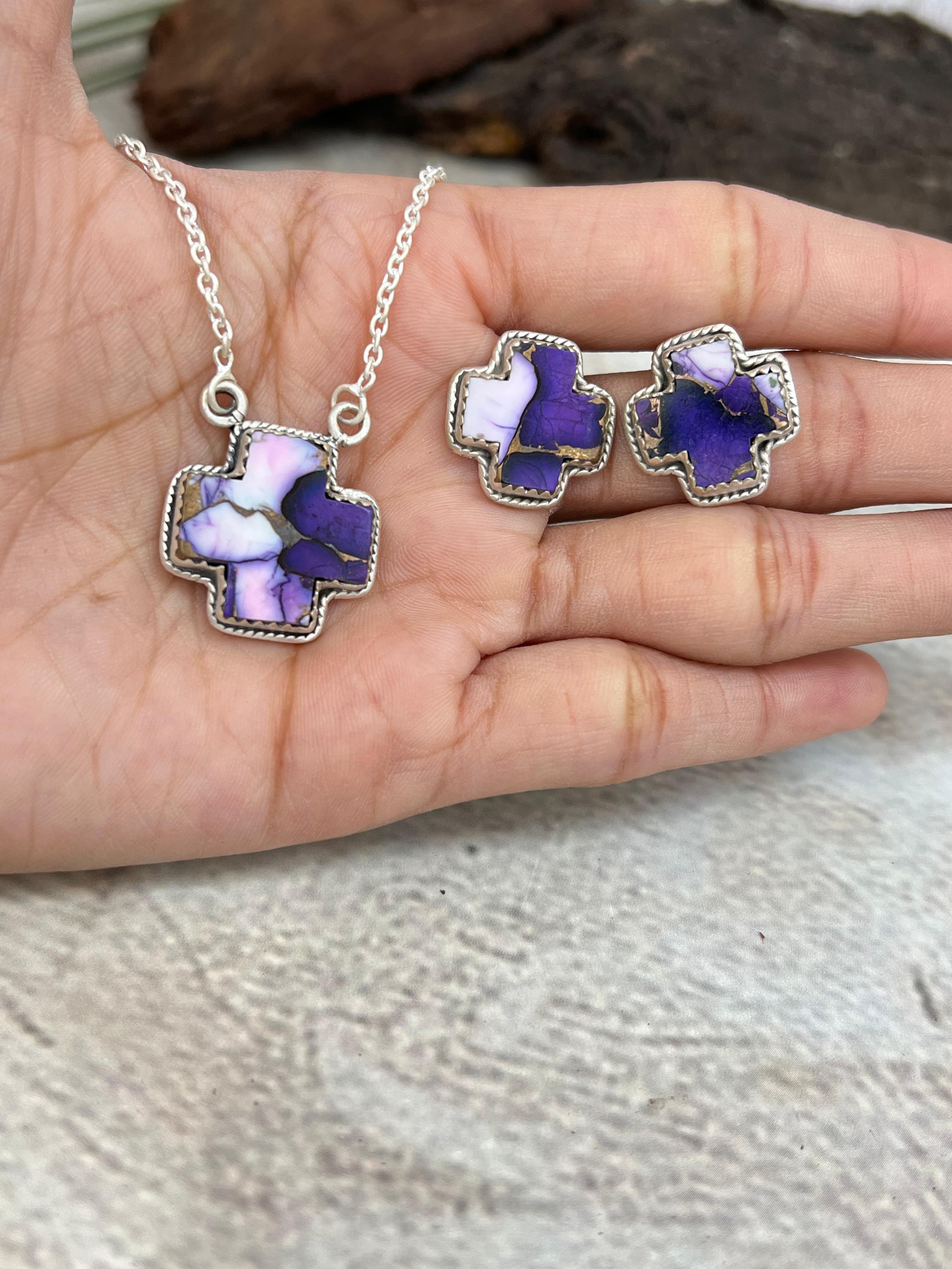Handmade Sterling Silver Purple Blue Ice Rose Dahlia, Honey Dahlia Necklace Earrings Set, Signed Nizhoni (1)