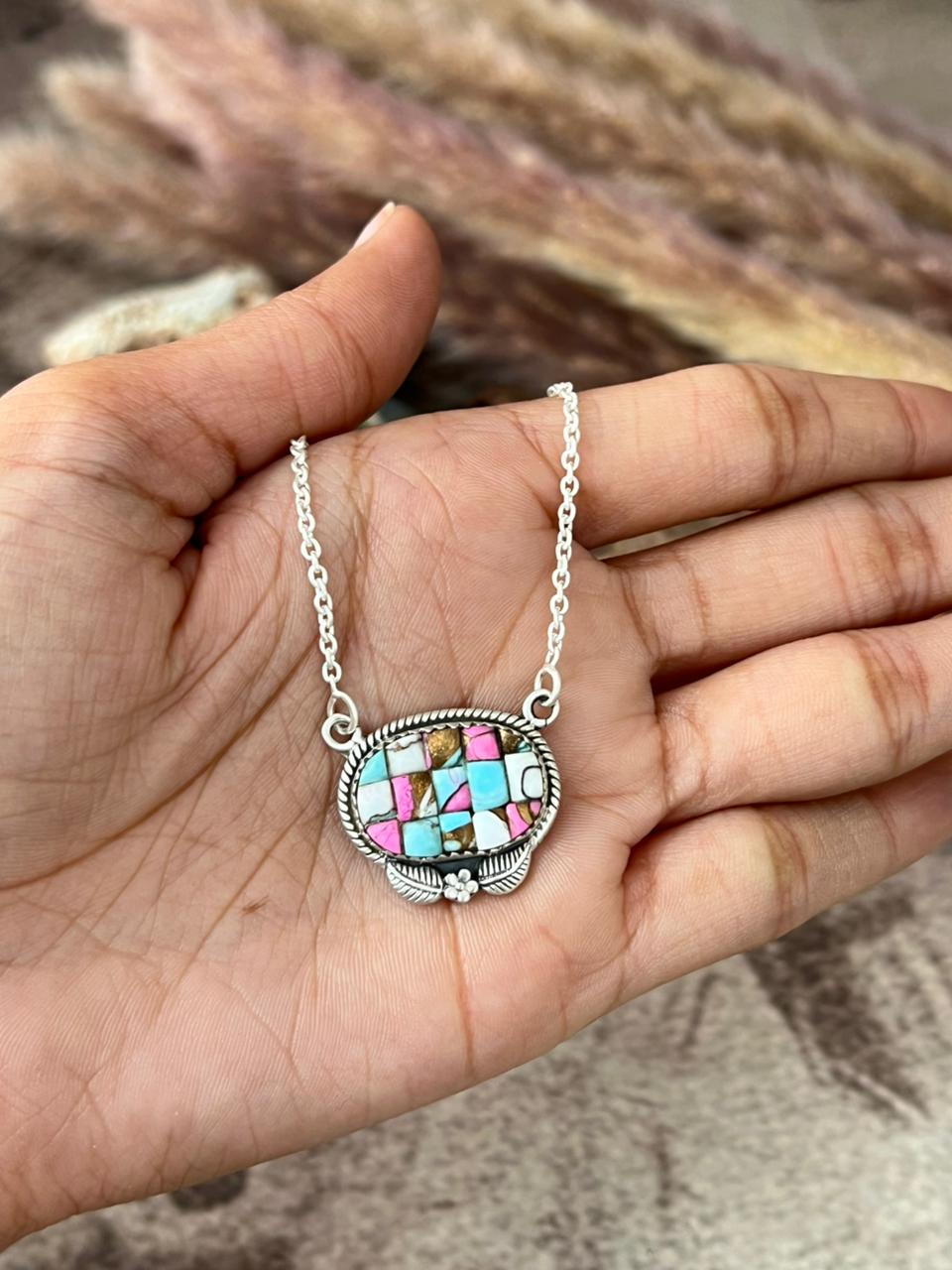 Handmade Sterling Silver Cotton Candy Cobble Stone Necklace "Signed Nizhoni"