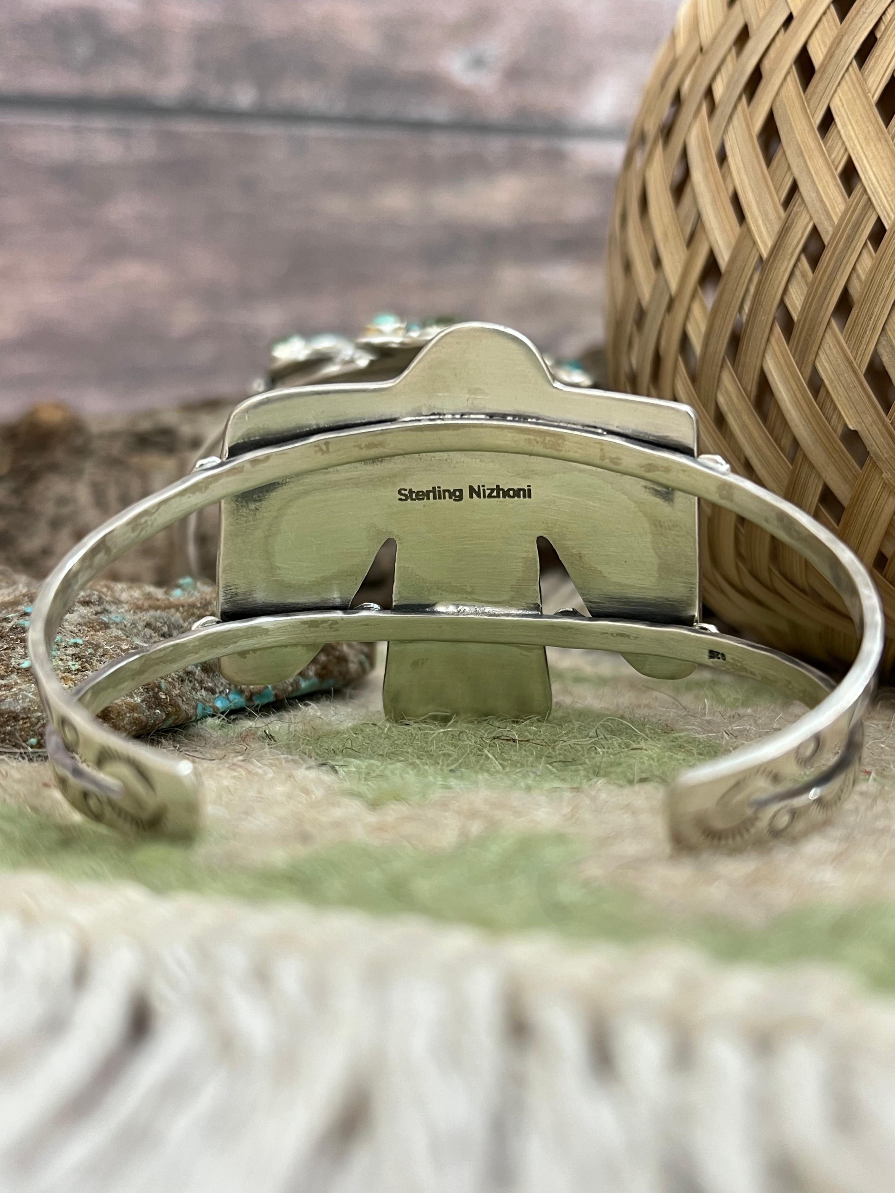 Handmade Sterling Silver Golden Hill, Sonoran Mountain Turquoise Thunder Bird Bracelet with Signed Nizhoni /