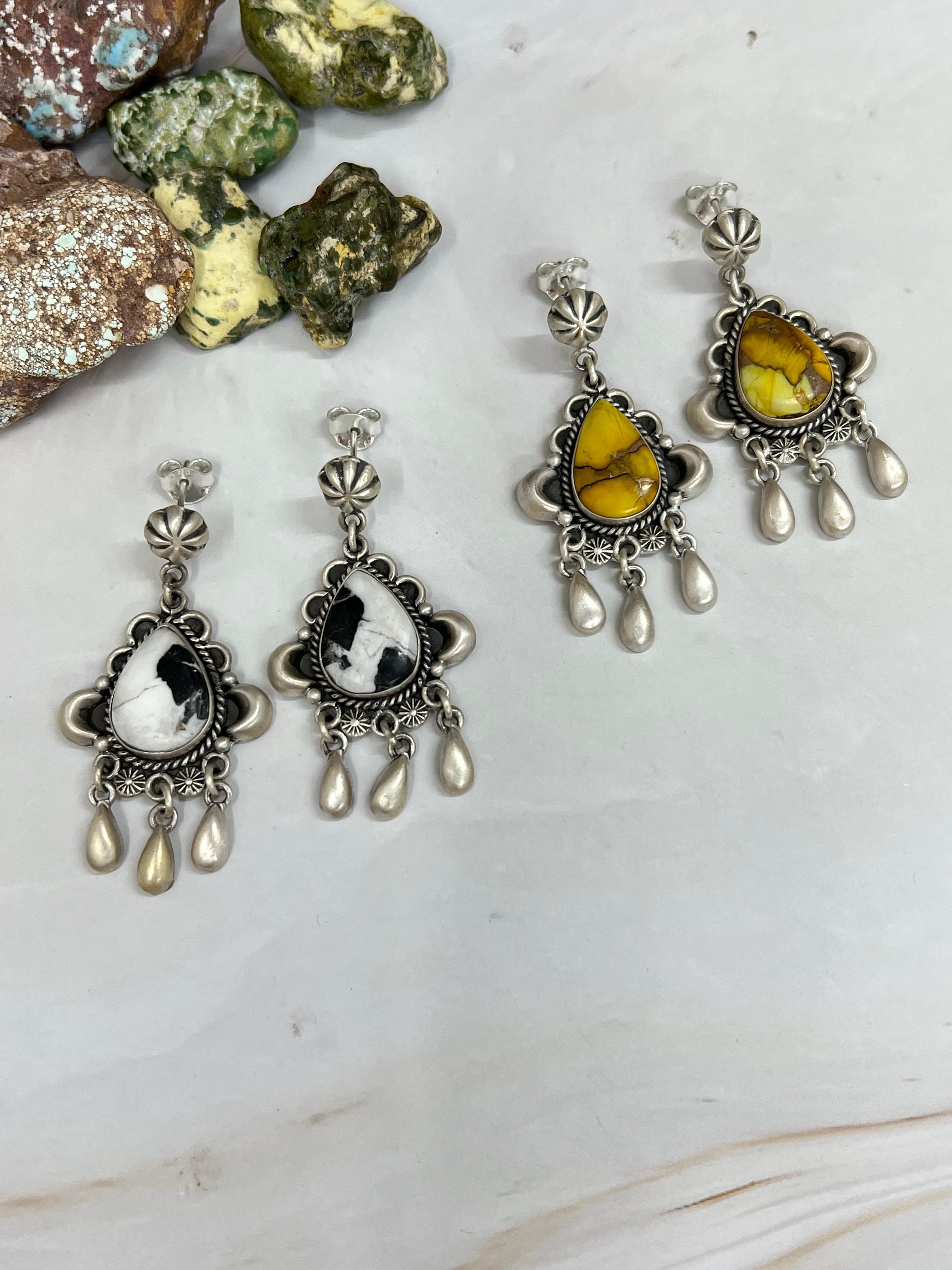 Handmade Sterling Silver White Buffalo Turquoise, Honey Dahlia Dangle Earrings with Signed Nizhoni (3)