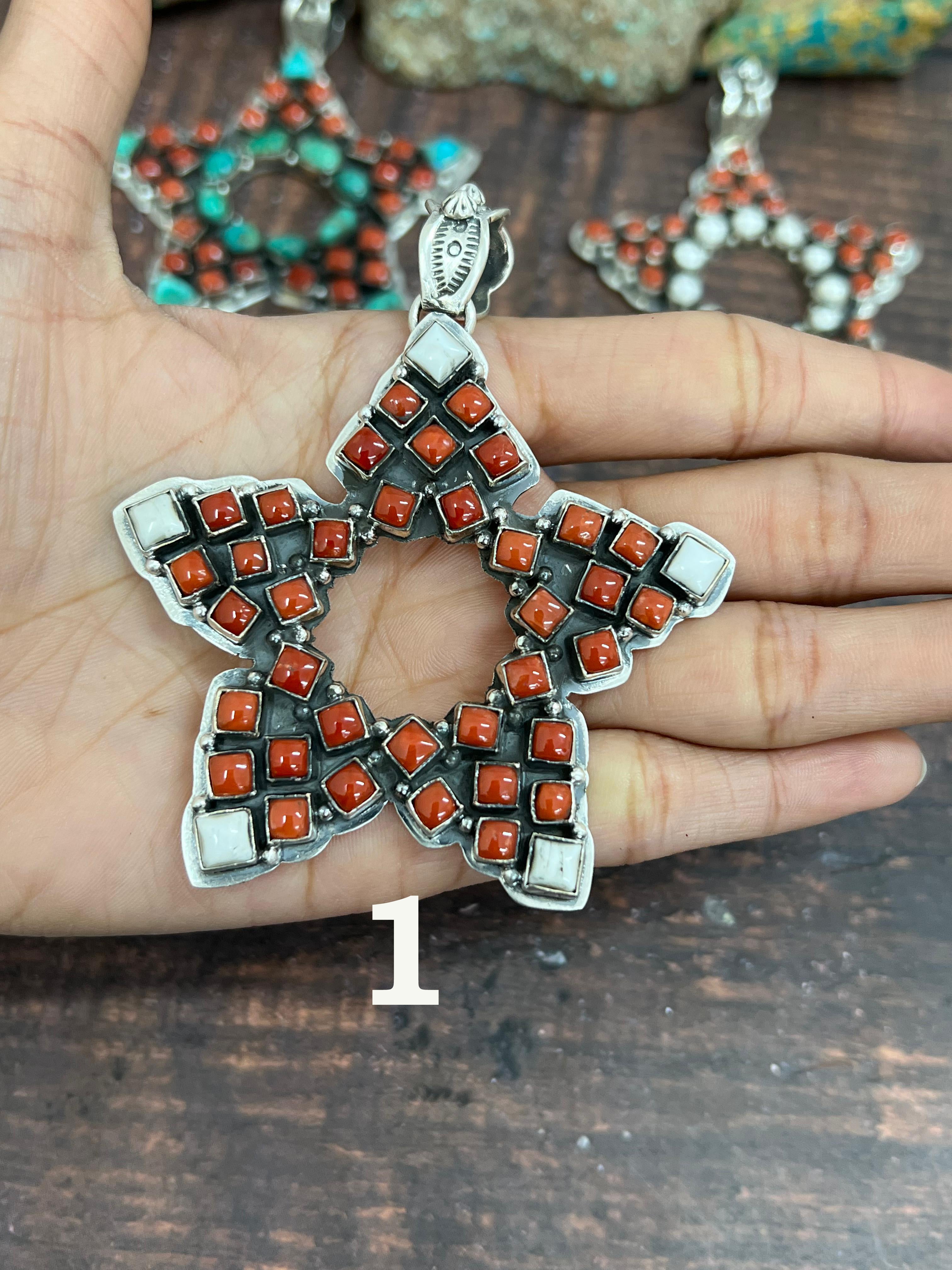 Handmade Sterling Silver Coral with White Buffalo and Emerald Valley Star Pendant, Signed Nizhoni