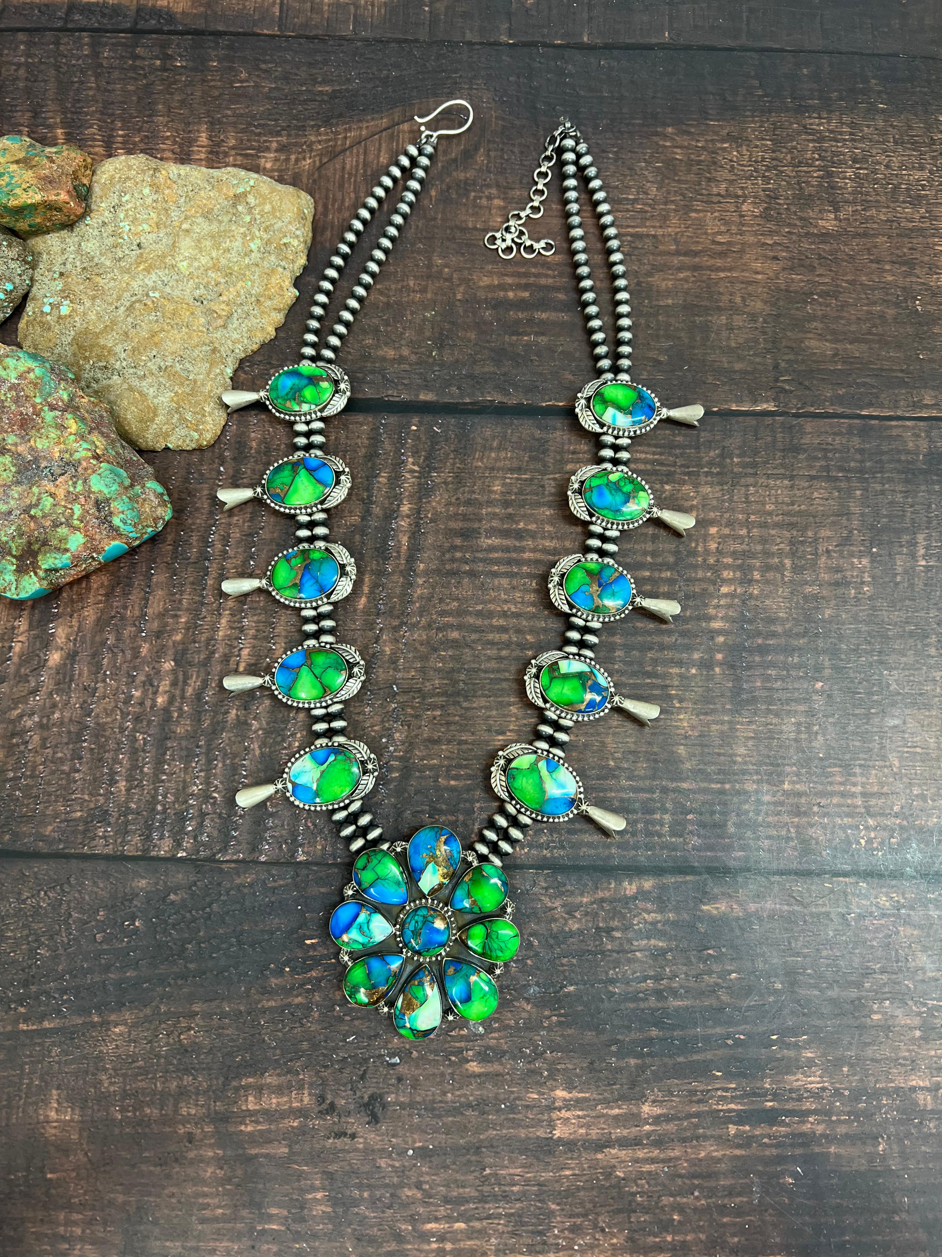 Handmade Sterling Silver Peacock Dahlia Beaded Necklace with Signed Nizhoni