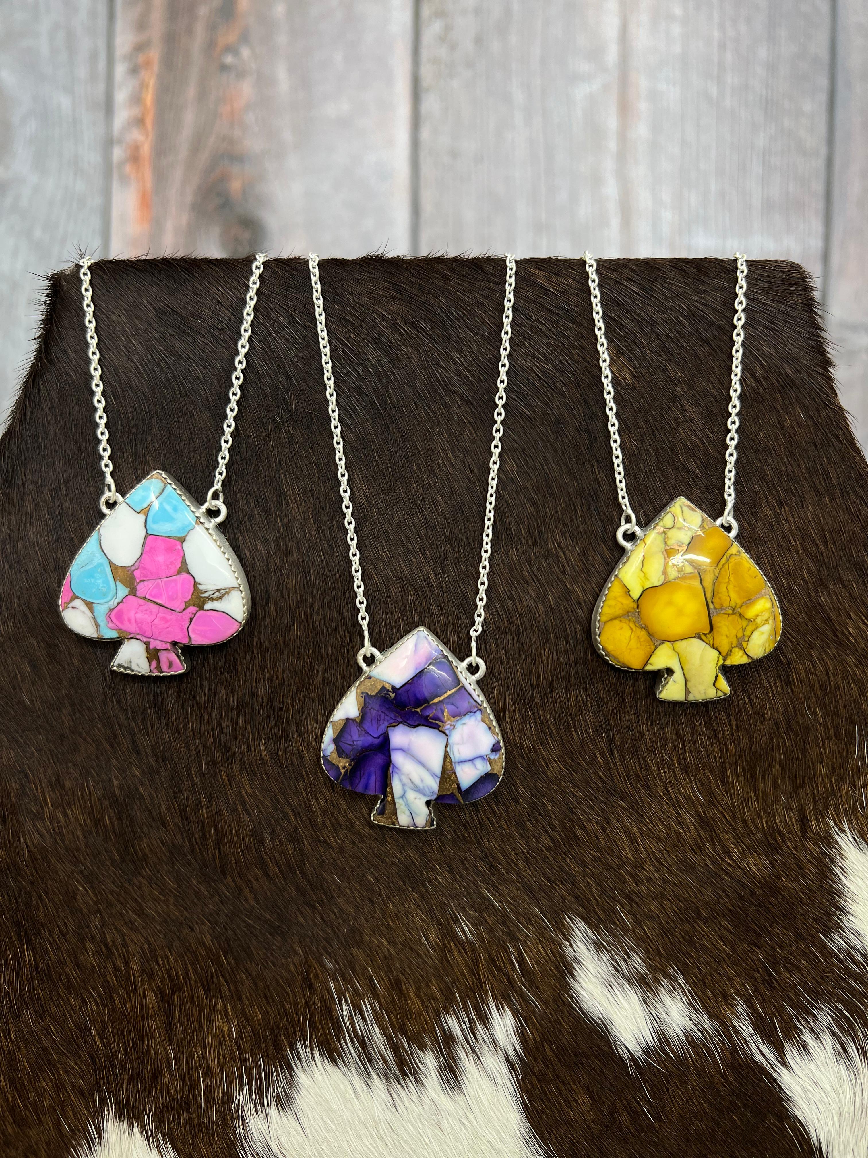 Handmade Sterling Silver Multi Stone Spade Necklace, Signed Nizhoni