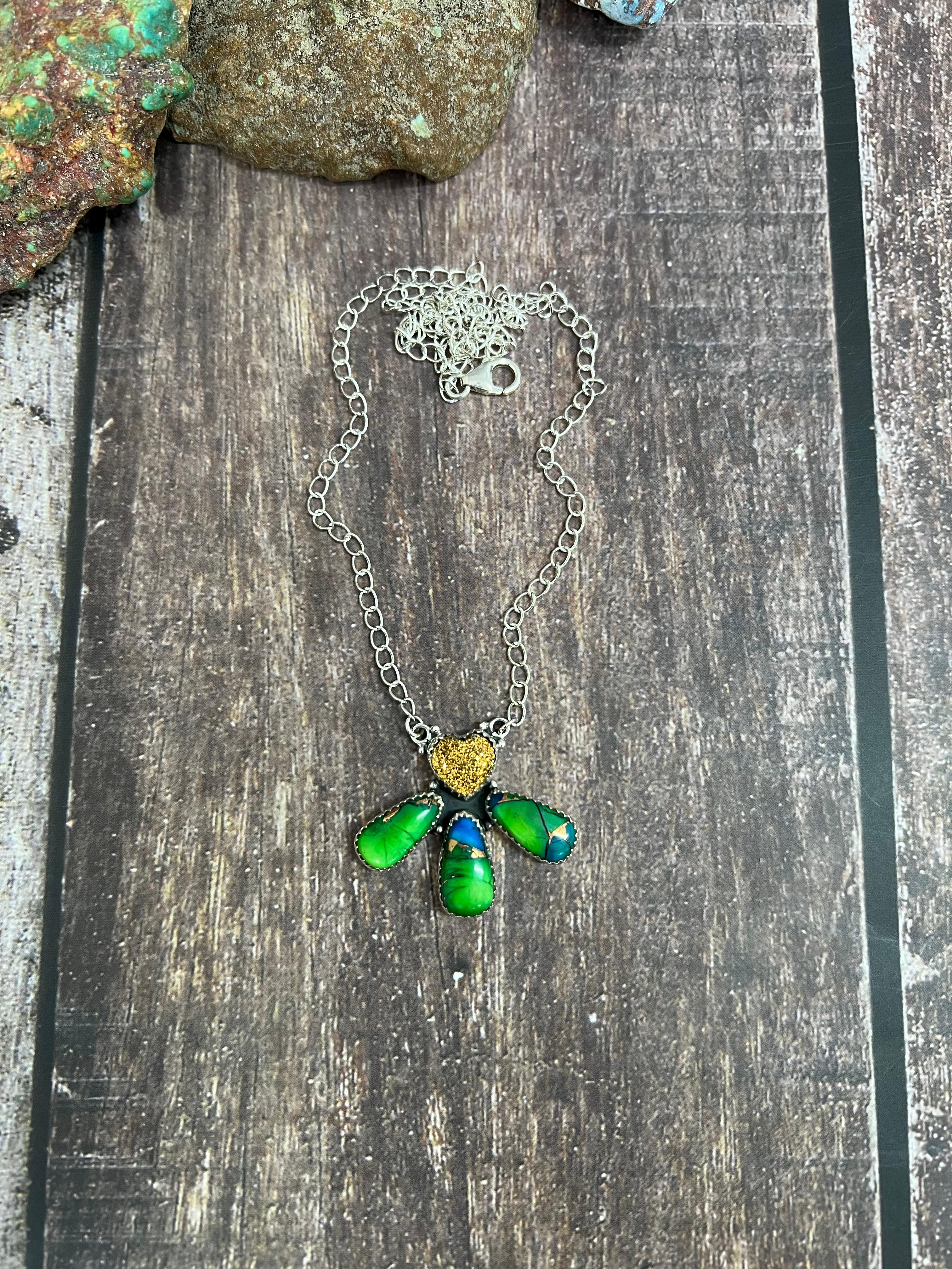 Handmade Sterling Silver Peacock Dahlia with Druzy Necklace with Signed Nizhoni