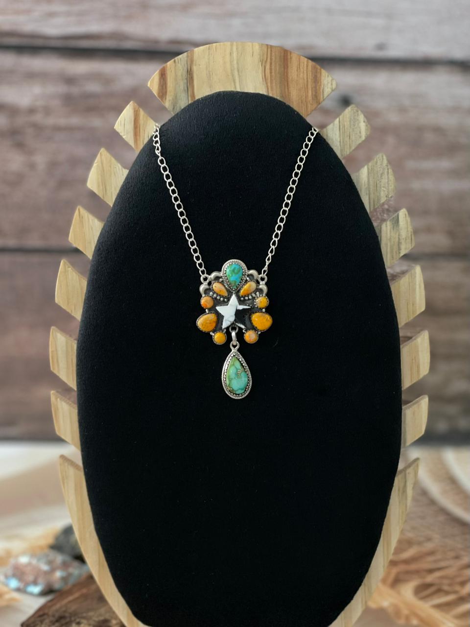 Handmade Sterling Silver Spring Collection: White Buffalo with Bumblebee & Sonoran Mountain Turquoise Necklace "Signed Nizhoni"