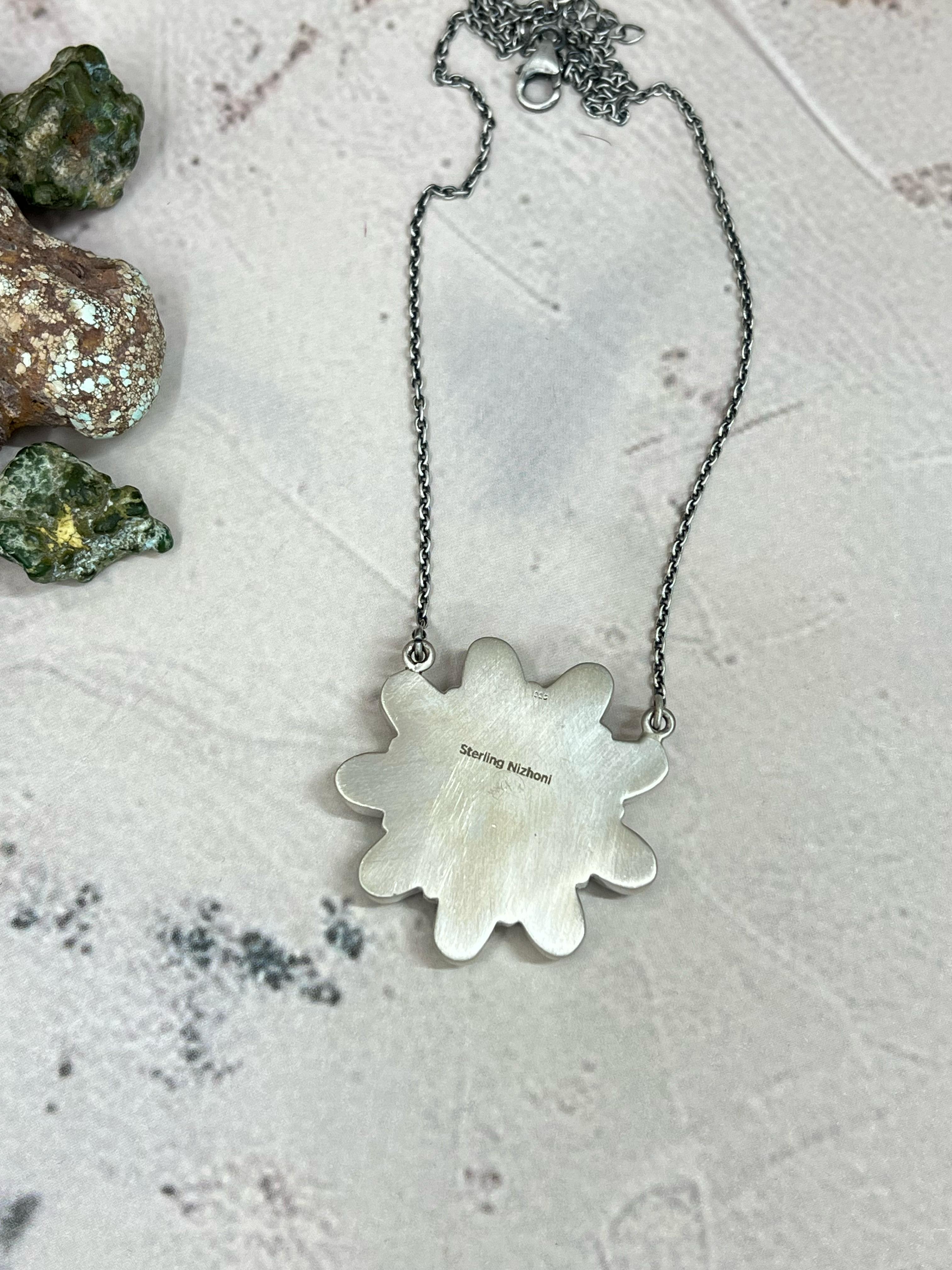 Handmade Sterling Silver White Buffalo Turquoise Flower Necklace with Signed Nizhoni