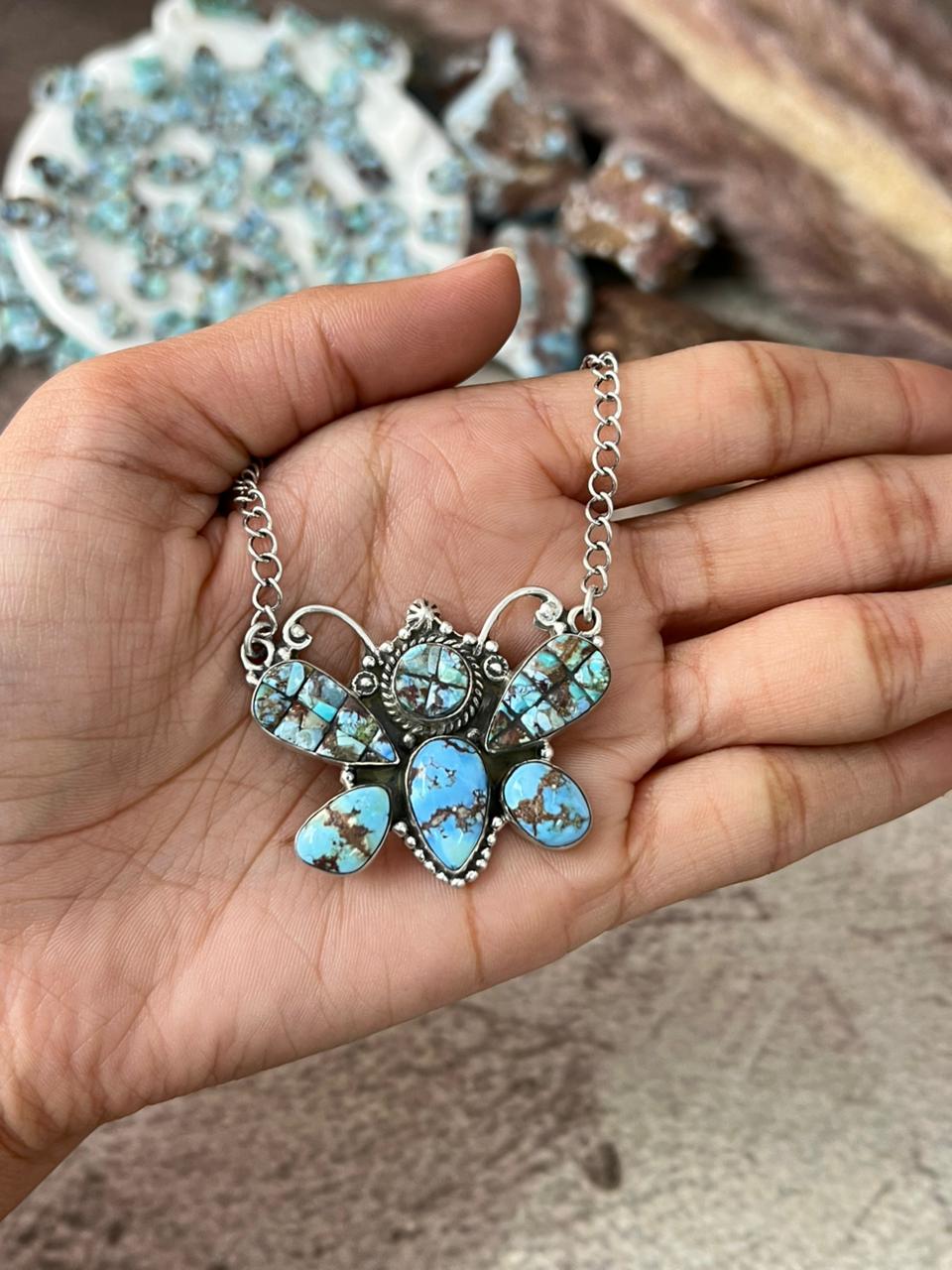Handmade Sterling Silver 'Golden Hills Turquoise Cobble Collection' Butterfly Necklace "Signed Nizhoni"