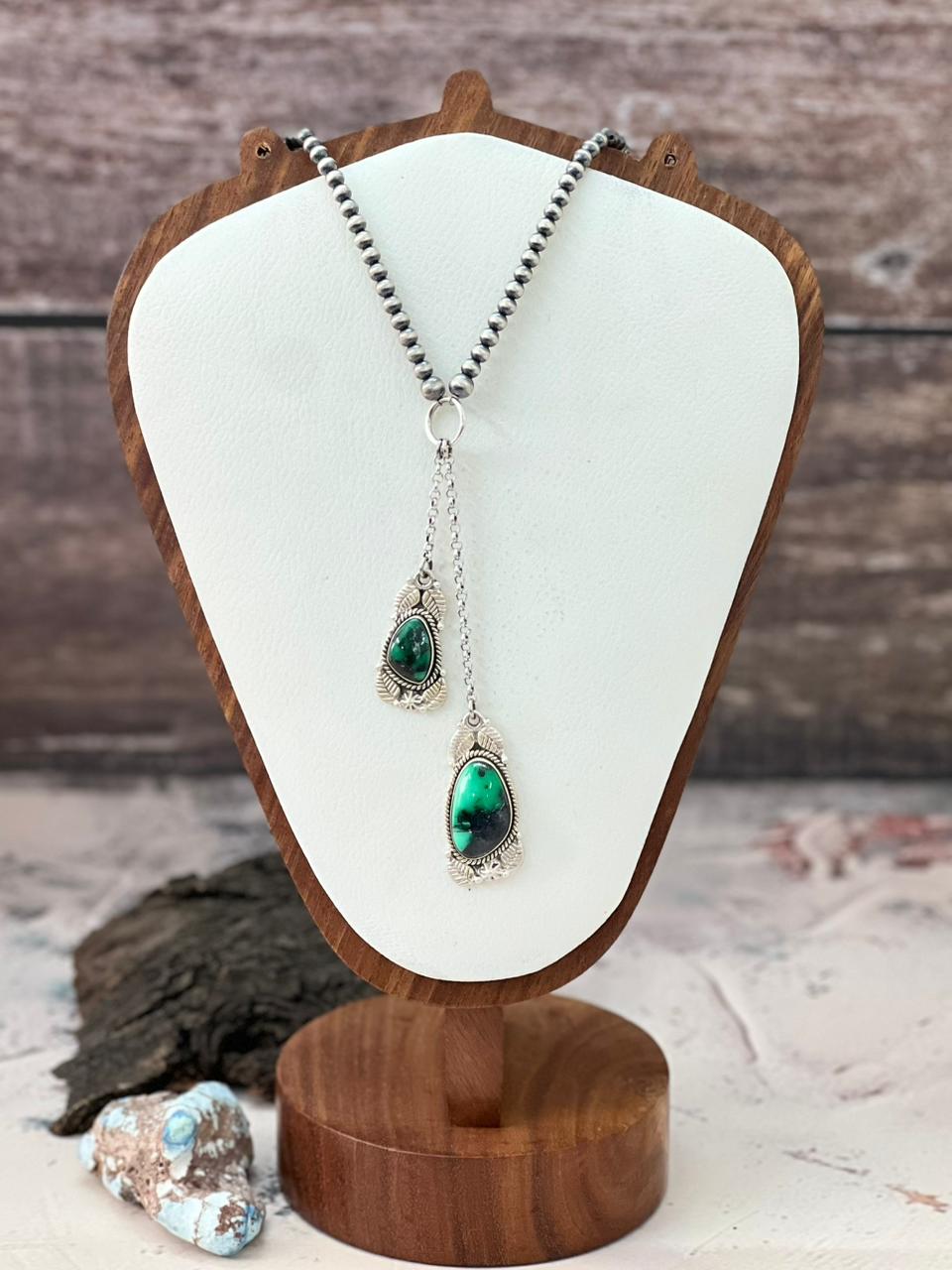 Handmade Sterling Silver Beaded Emerald Rose Necklace "Signed Nizhoni"