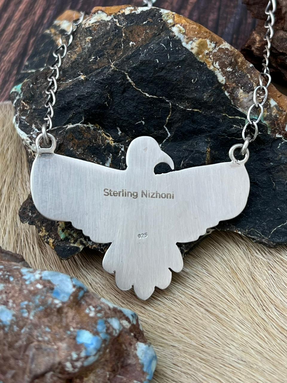 Handmade Sterling Silver White Buffalo Thunder Bird Necklace "Signed Nizhoni"