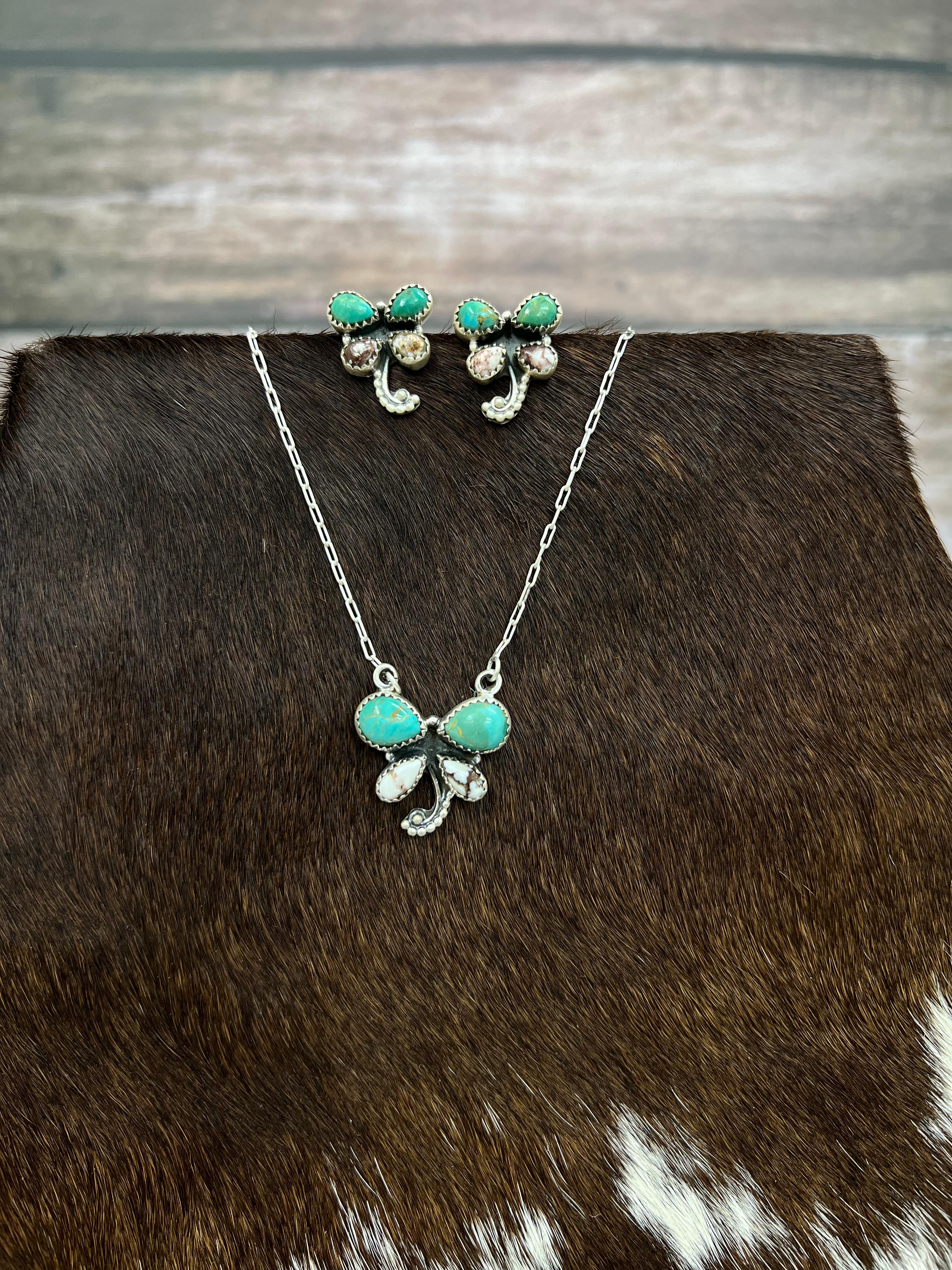 Handmade Sterling Silver Kingman Turquoise, Wild Horse Necklace Earrings Set with Signed Nizhoni