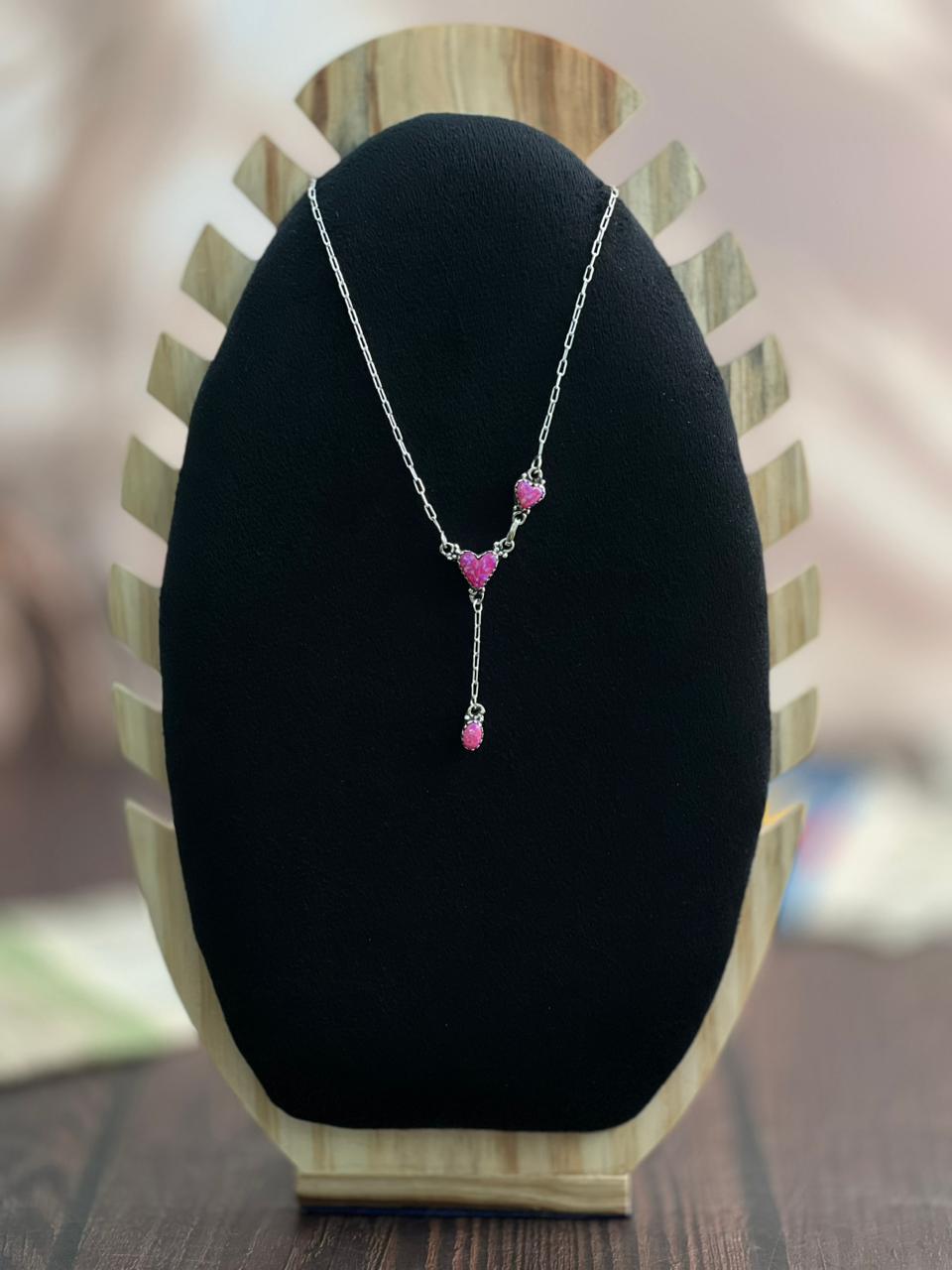 "Heart Collection" Handmade Sterling Silver Hot Pink Necklace "Signed Nizhoni"