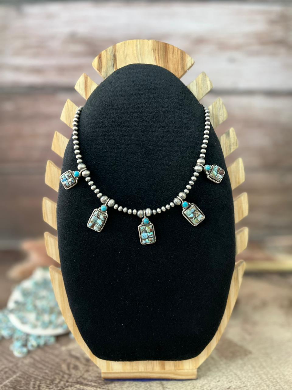 Handmade Sterling Silver 'Golden Hills Turquoise Cobble Collection' Beaded Necklace "Signed Nizhoni"