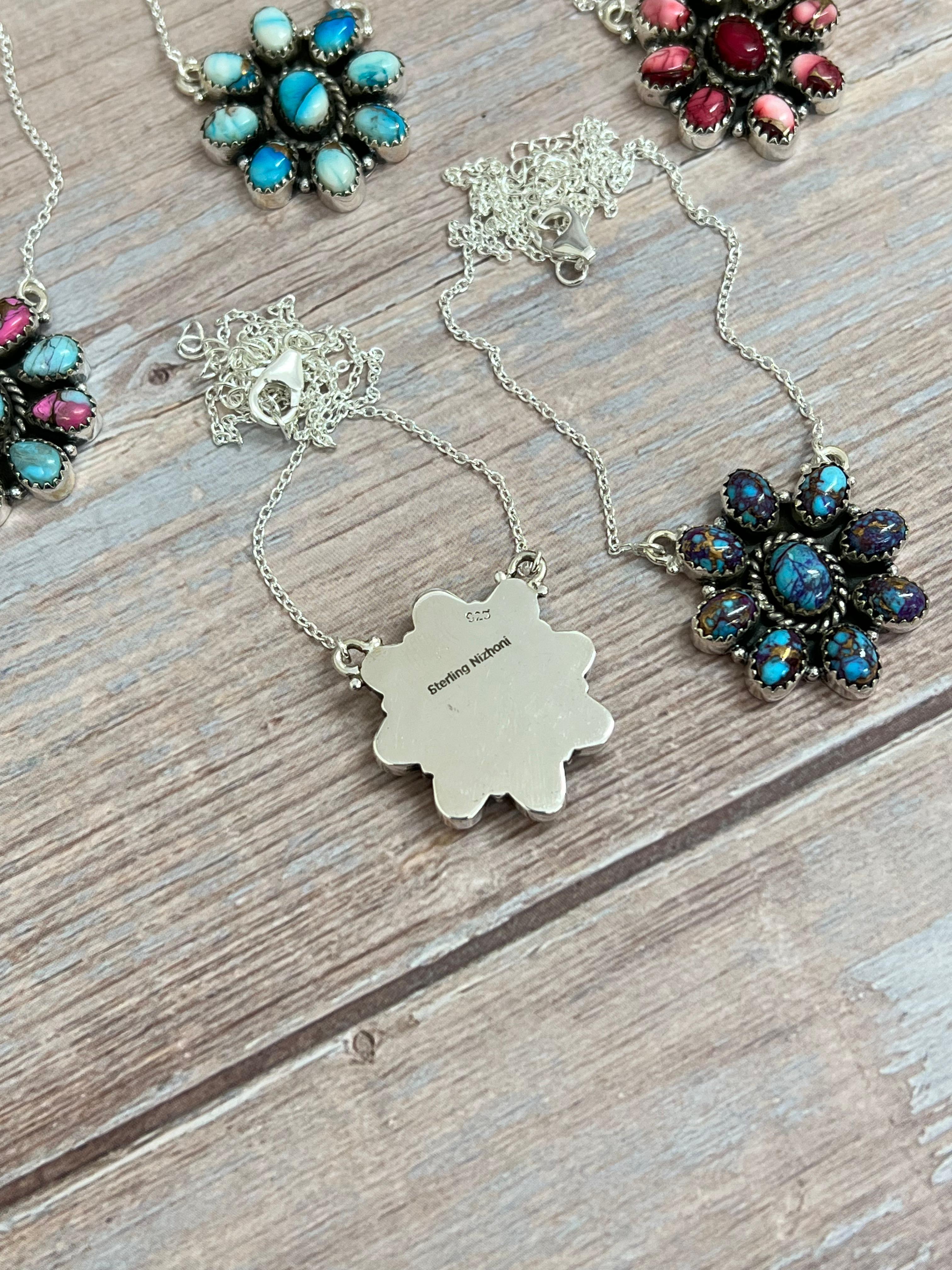 Handmade Sterling Silver Multi Stone Necklace, Signed Nizhoni