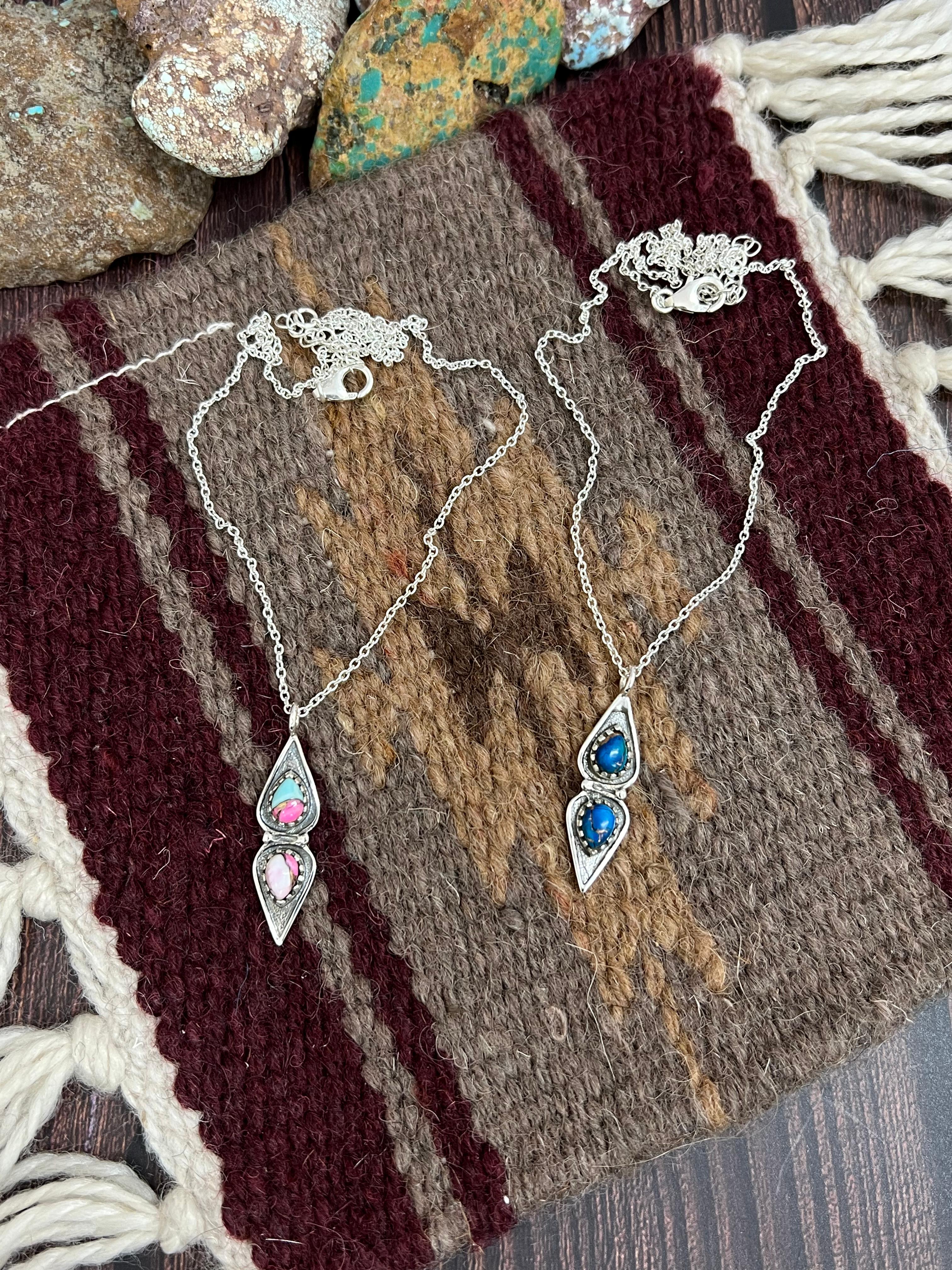 Handmade Sterling Silver Cotton Candy Peacock Dahlia Necklace, Signed Nizhoni