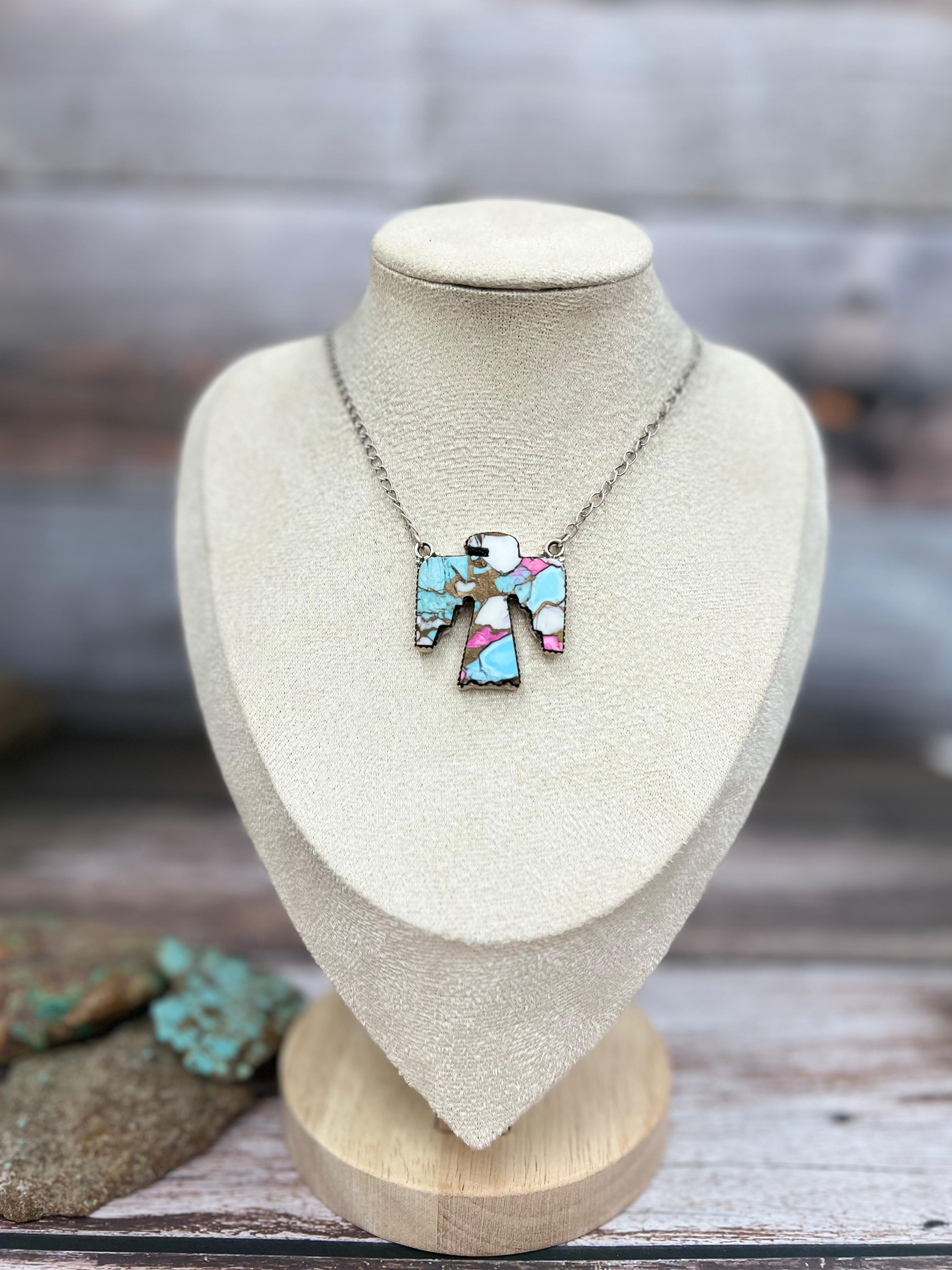 Handmade Sterling Silver Multi Stones Thunderbird Necklace with Signed Nizhoni