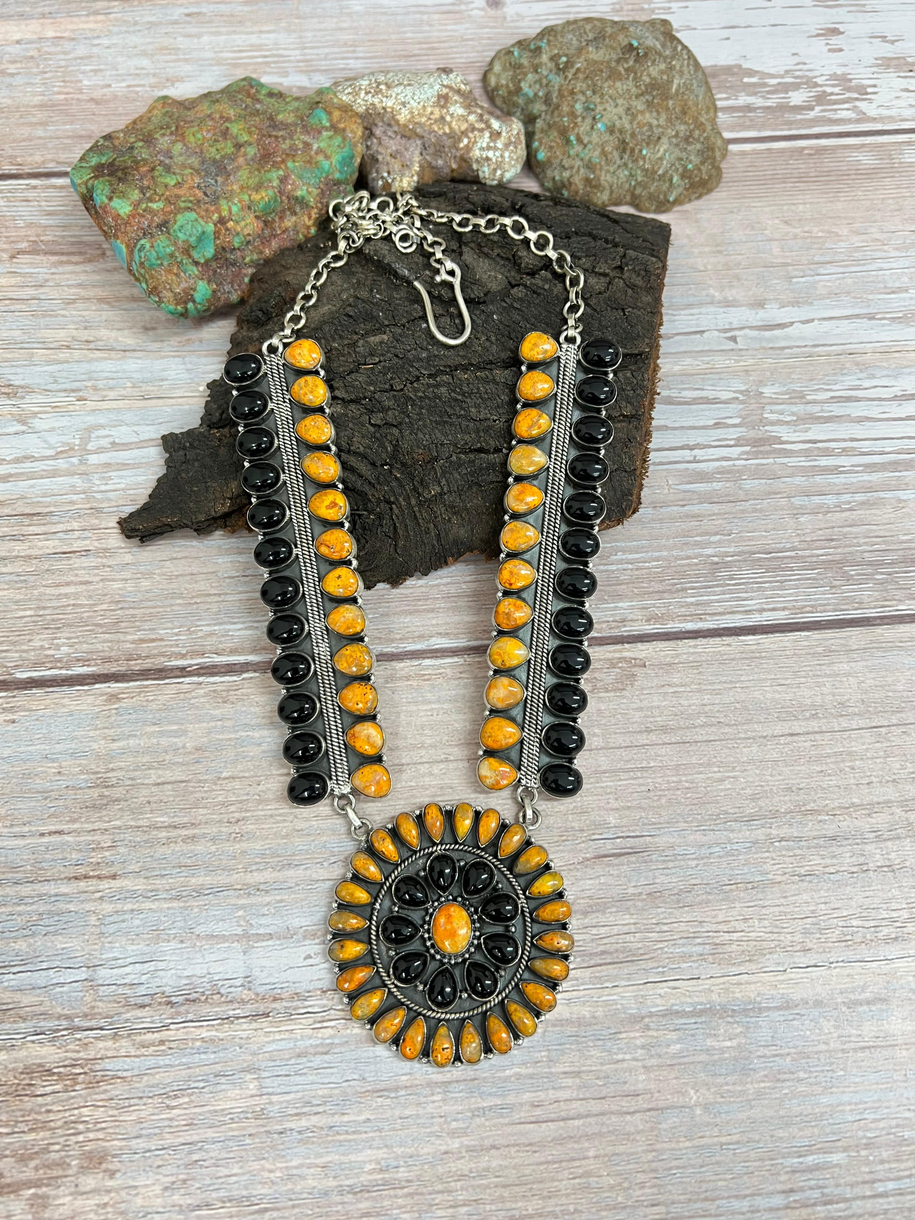 Handmade Sterling Silver Black Onyx, Bumblebee Necklace Signed Nizhoni