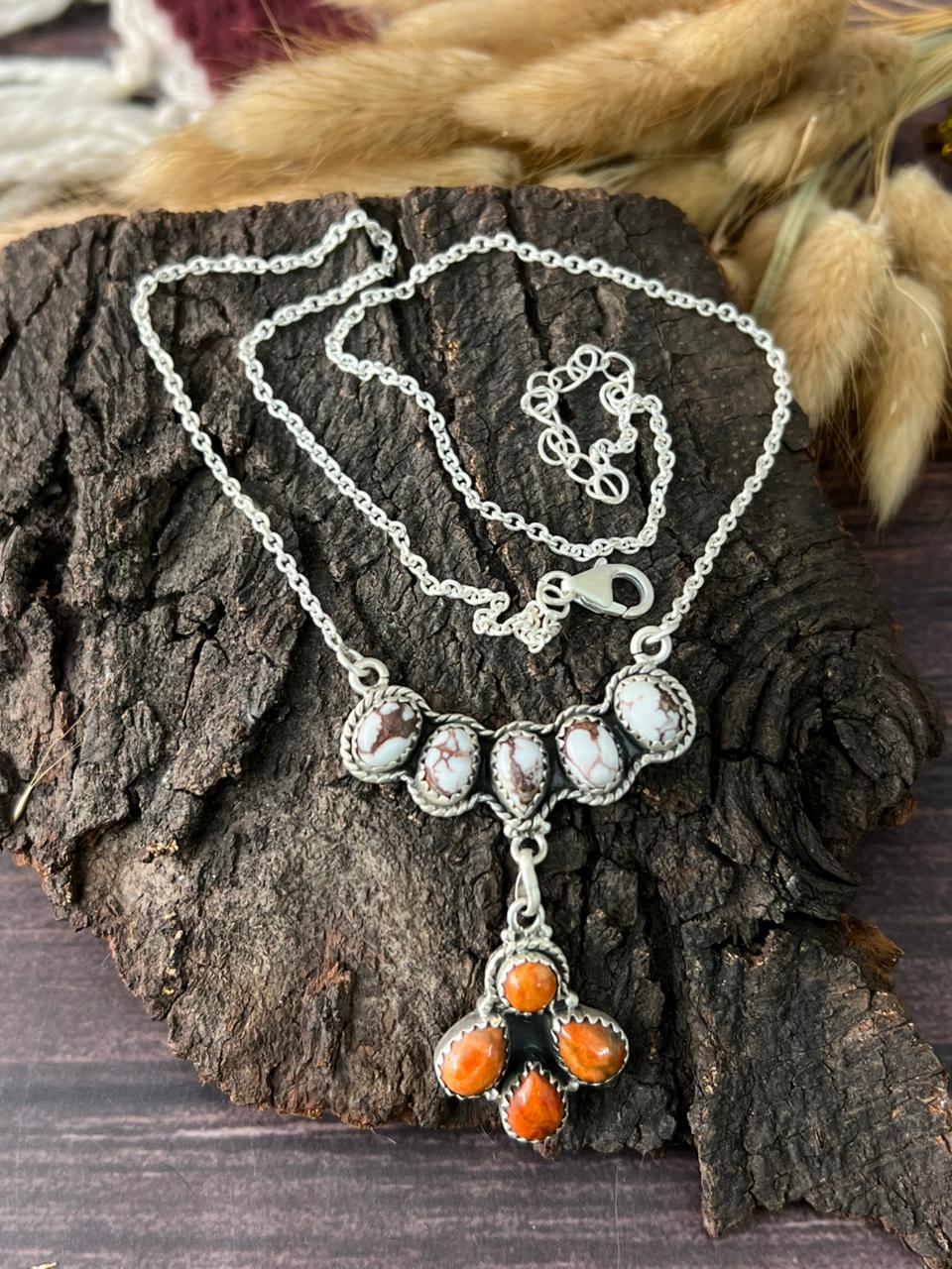 Handmade Sterling Silver Orange Mojave with Wildhorse Magnesite Necklace "Signed Nizhoni"