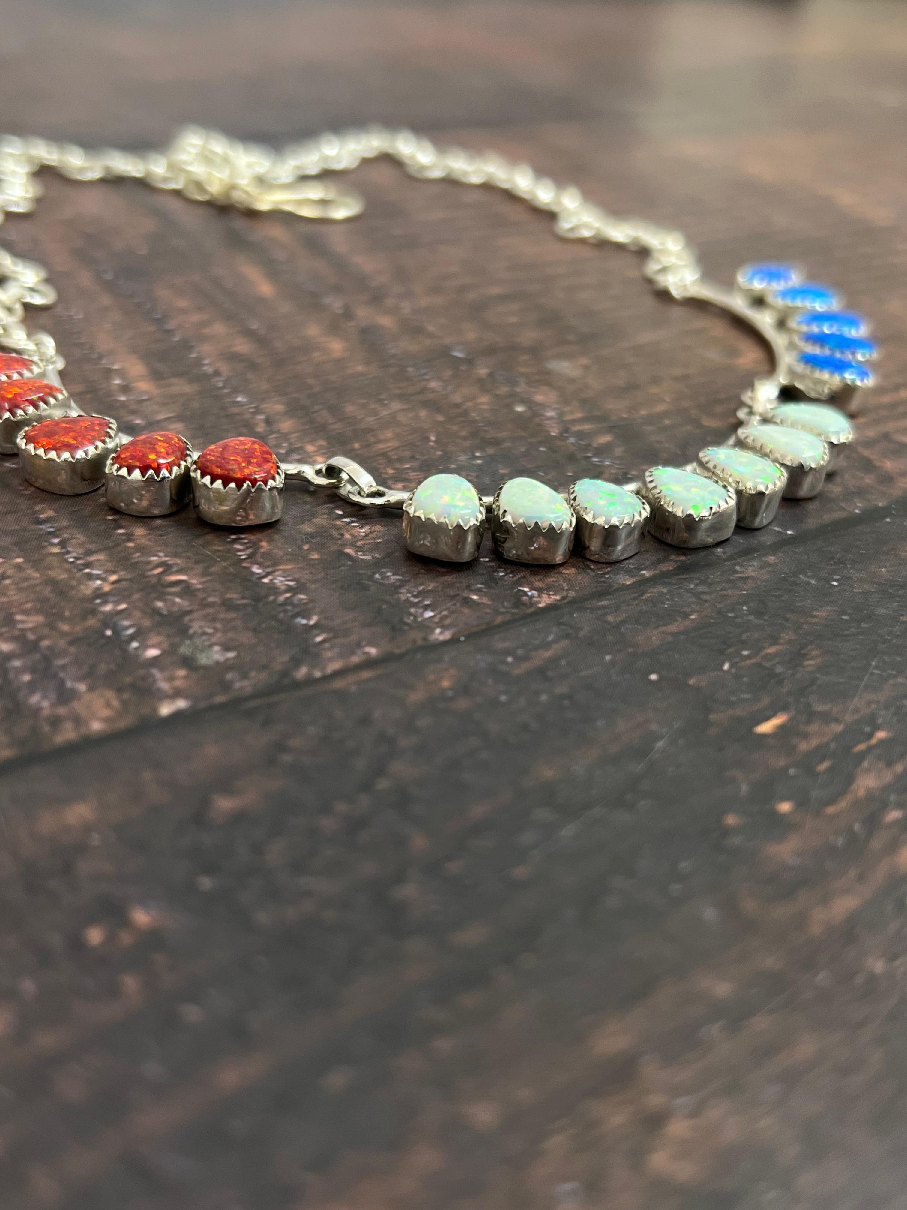 ** 4TH OF JULY ** Handmade Sterling Silver Synthetic Opal Necklace with Signed Nizhoni