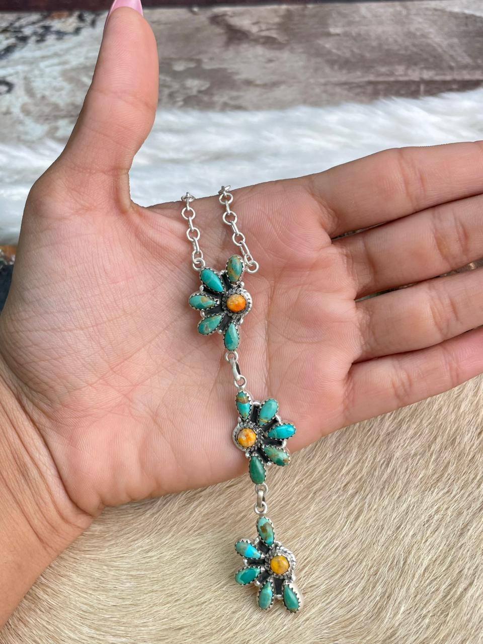 Handmade Sterling Silver Kingman Turquoise with Orange Mojave Necklace "Signed Nizhoni"