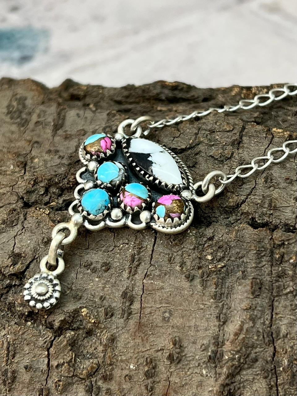 Handmade Sterling Silver Cotton Candy with White Buffalo Necklace "Signed Nizhoni"