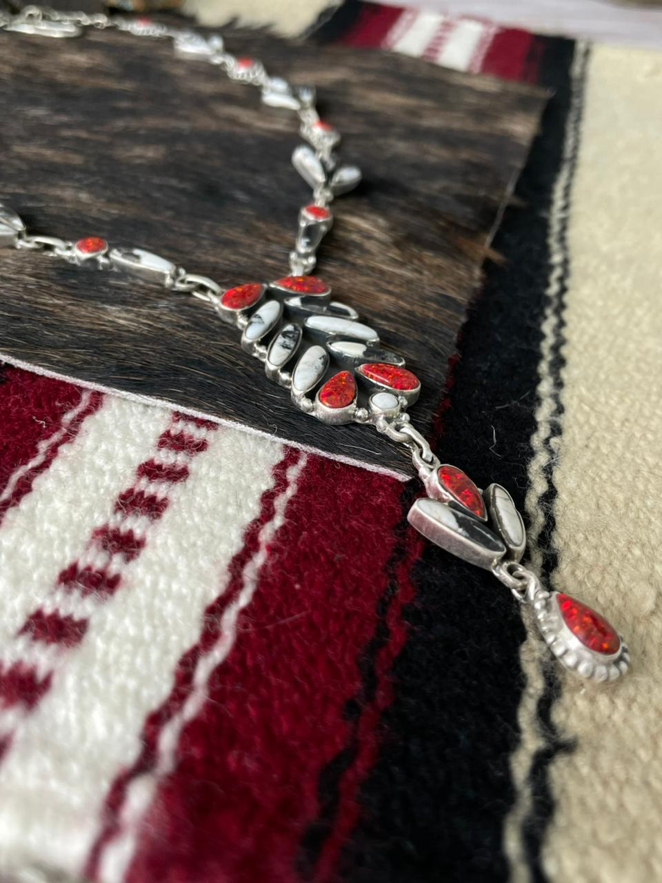 Handmade Sterling Silver White Buffalo with Red Opal Necklace "Signed Nizhoni"