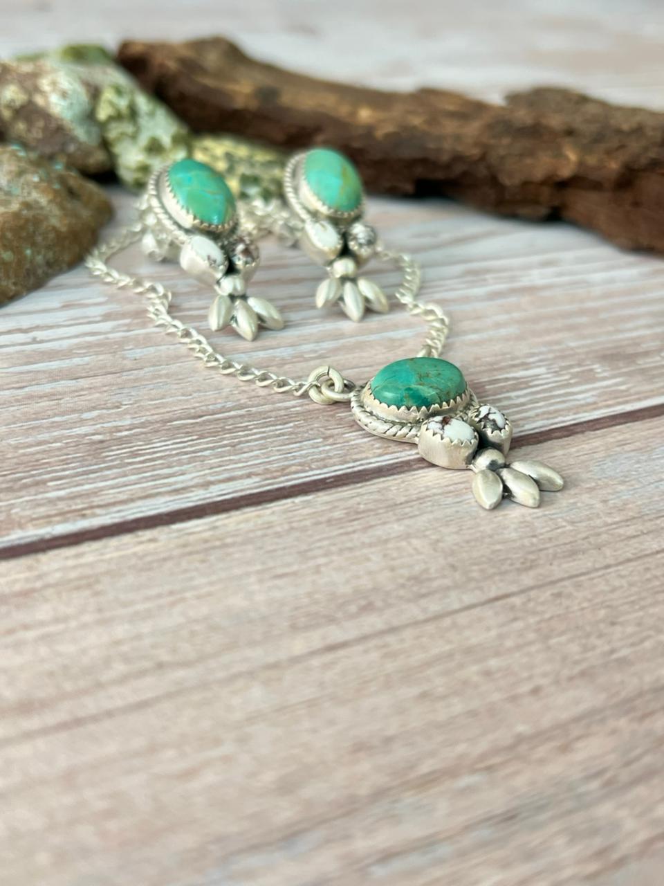 Handmade Sterling Silver Wild Horse Magnesite With Kingman Turquoise Necklace Earrings Set with Signed Nizhoni (6)