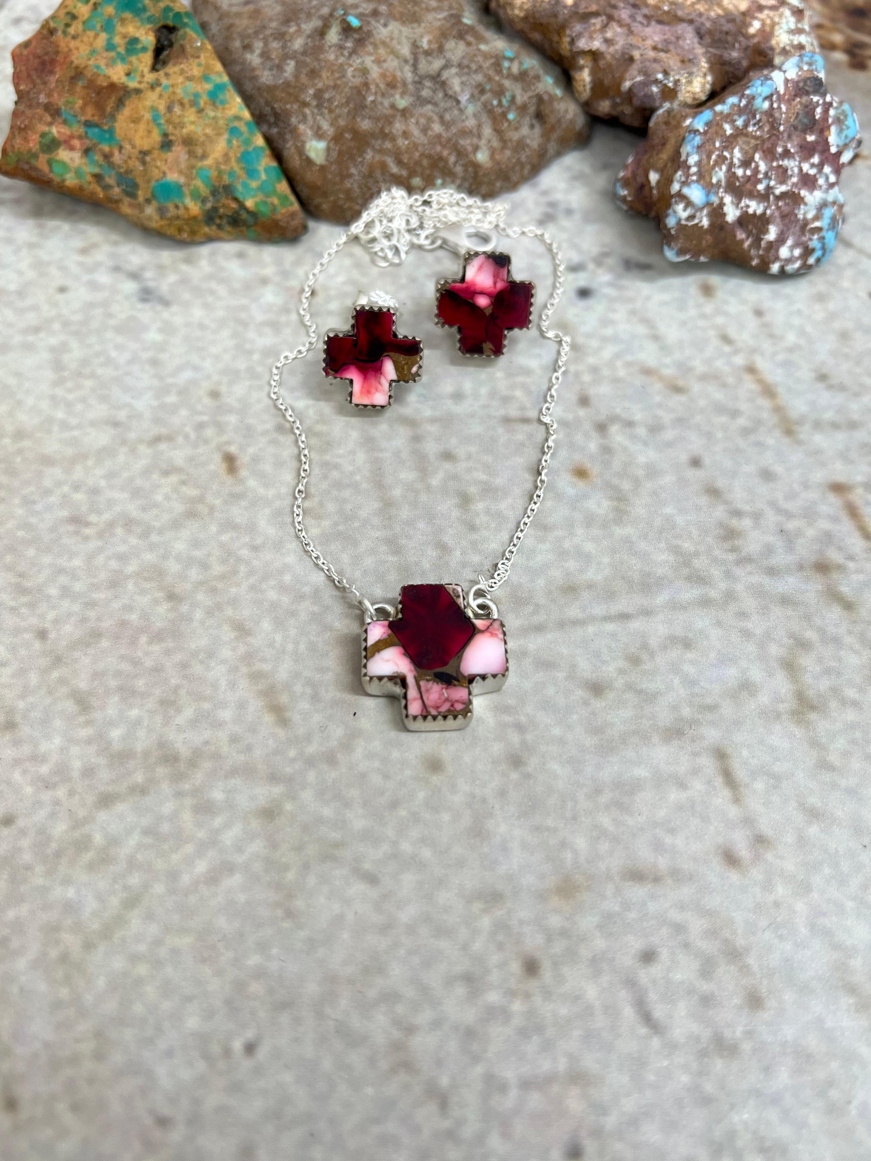 Handmade Sterling Silver Dahlia Rose Cross Necklace Earrings Set with Signed Nizhoni (7)