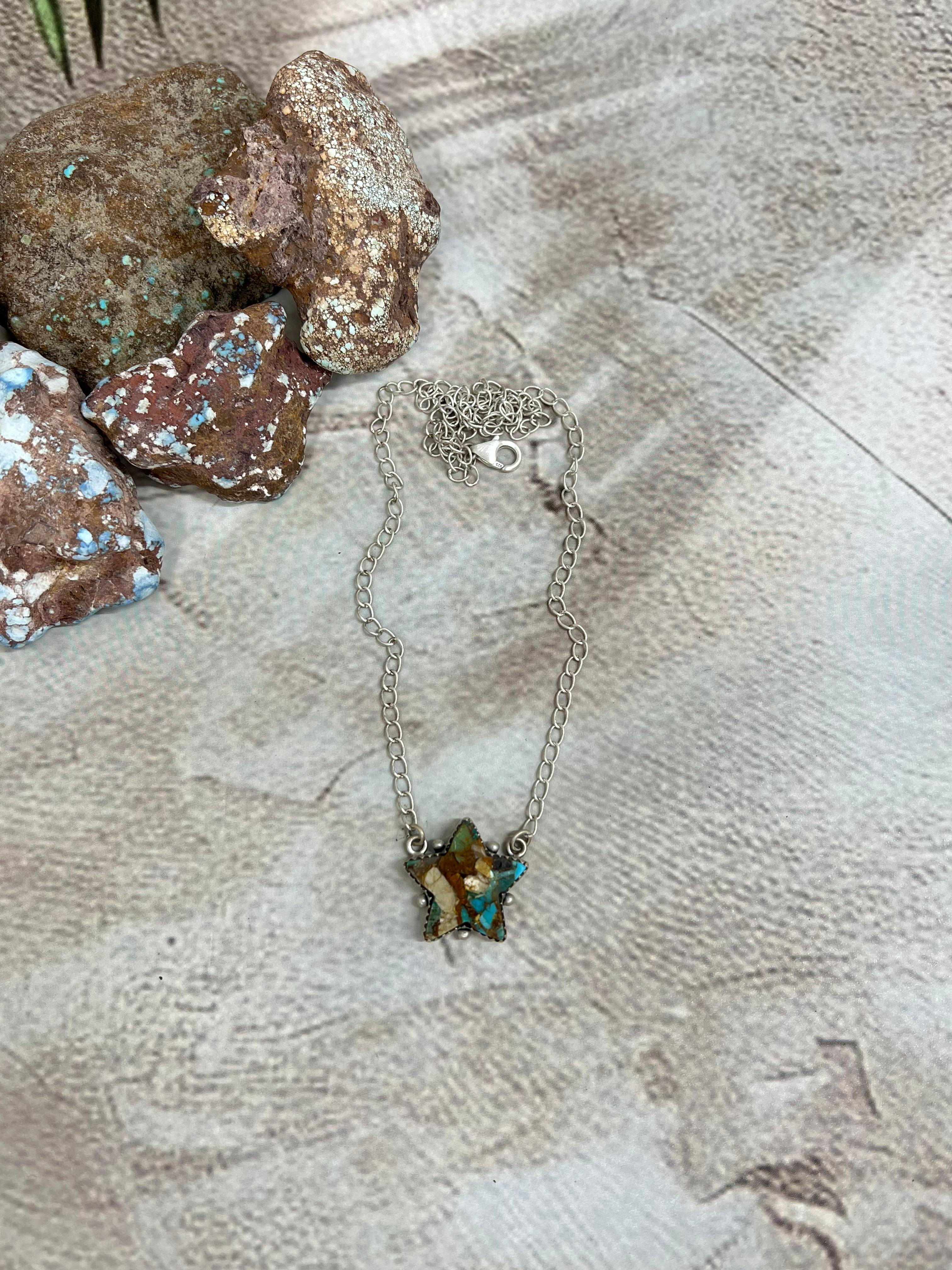 Handmade Sterling Silver Royston Turquoise Star Necklace with Signed Nizhoni