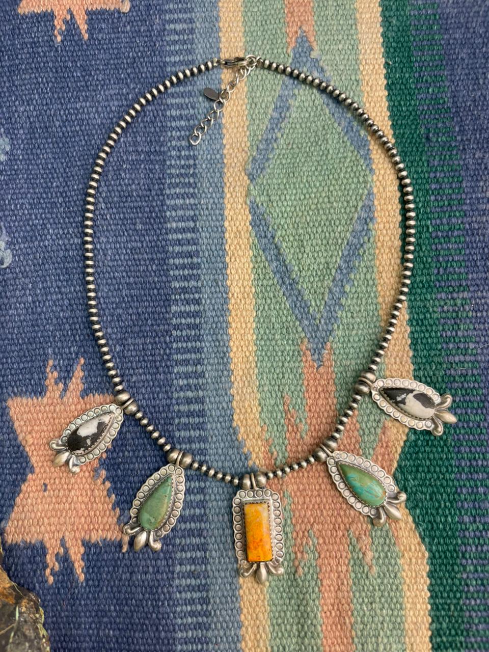 Handmade Sterling Silver Beaded Bumblebee with Kingman, White Buffalo Necklace "Signed Nizhoni"