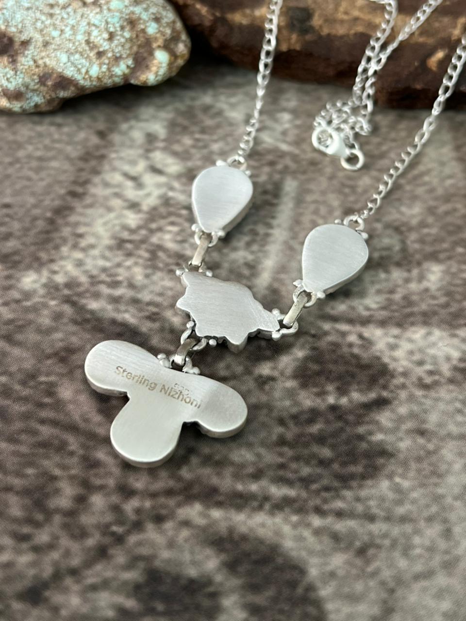 Handmade Sterling Silver Santa Maria with White Buffalo Necklace "Signed Nizhoni"