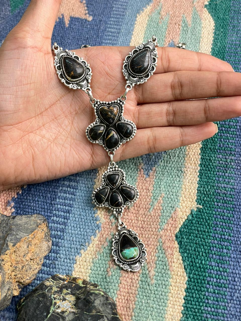 Handmade Sterling Silver Blackjack Turquoise Necklace "Signed Nizhoni"