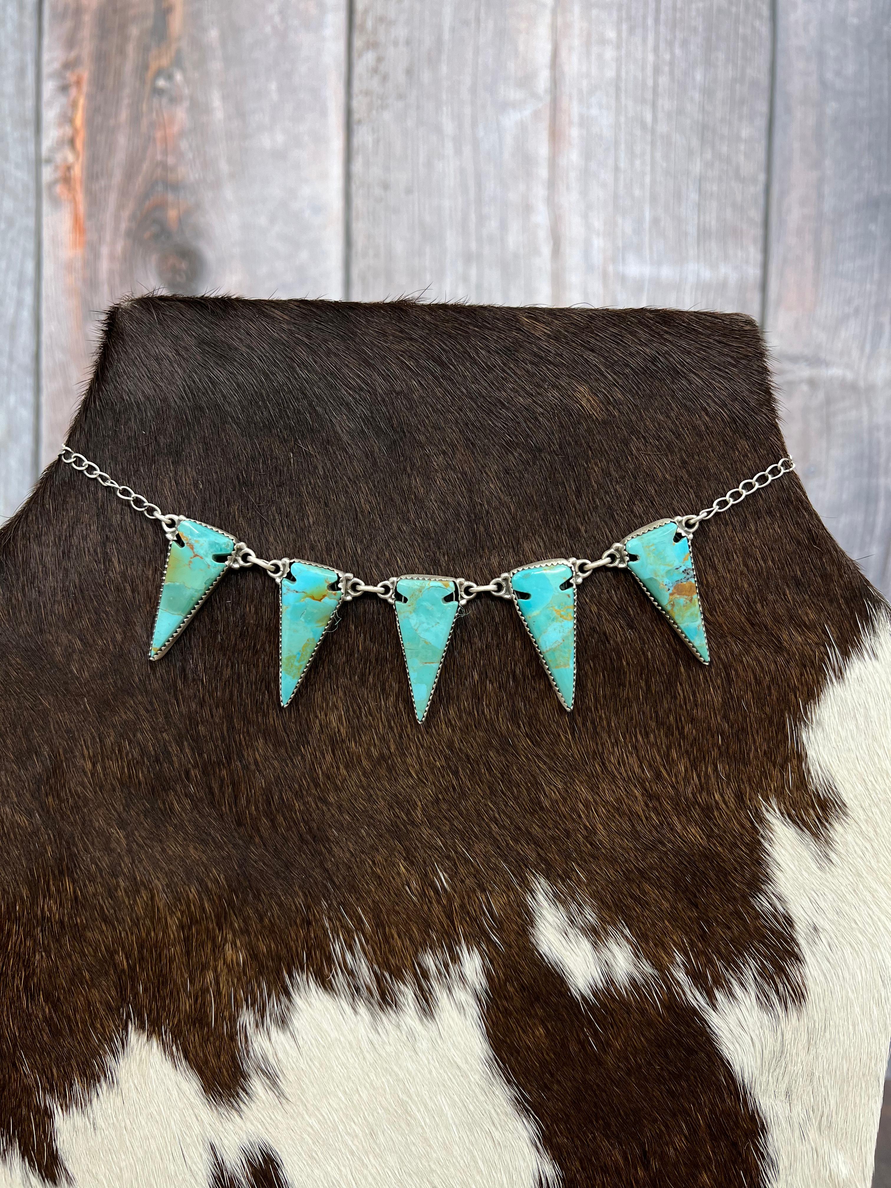 Handmade Sterling Silver Kingman Turquoise Arrow Necklace with Signed Nizhoni